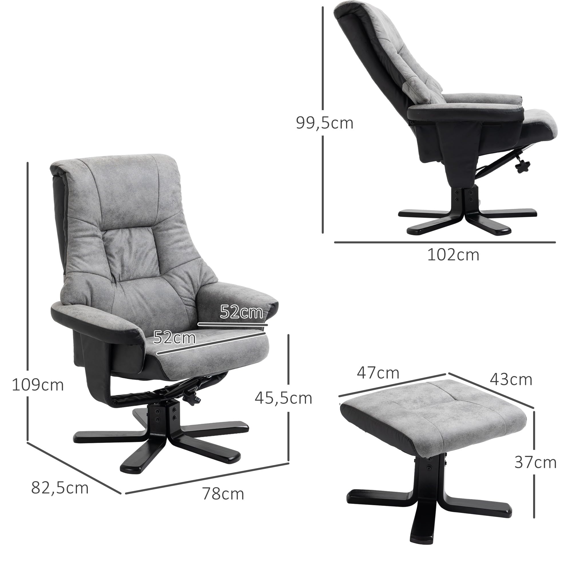 HOMCOM Fauteuil Relax Fauteuil de Relaxation inclinable 135° avec Repose-Pieds pivotant 360° revêtement Microfibre Pieds en Bois Massif Assise épais rembourrée Gris