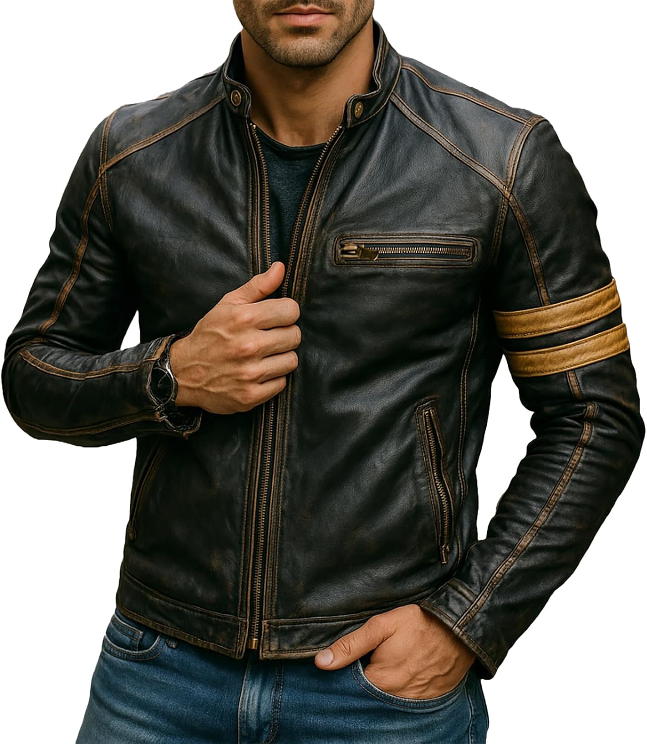 SpazeUp Mens Black Rider Motorcycle Leather Jacket - Vintage Cafe Racer Leather Jacket Men Biker Jackets