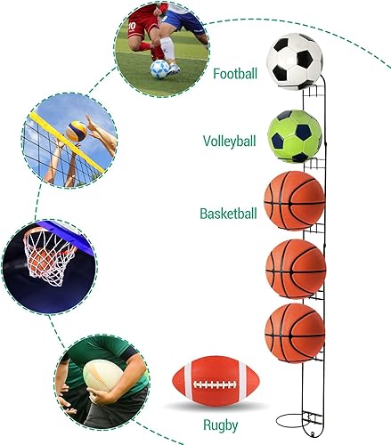 Miniatura 3 de MyGift Moderno estante de almacenamiento de pelotas deportivas de metal negro, pelota medicinal, baloncesto, pelota de fútbol, voleibol para