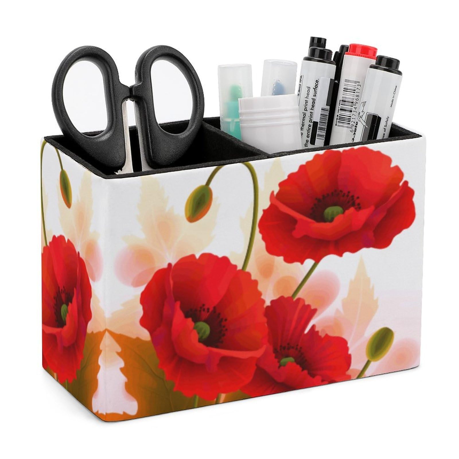 LZQPOEAS Exquisite Patterns PU Leather Pen Holder, Multifunctional Desktop Organizer Caddy with 2 Compartments, Poppy Flowers Vivid Petals Pencil Cup Makeup Brush Holder for Office Home