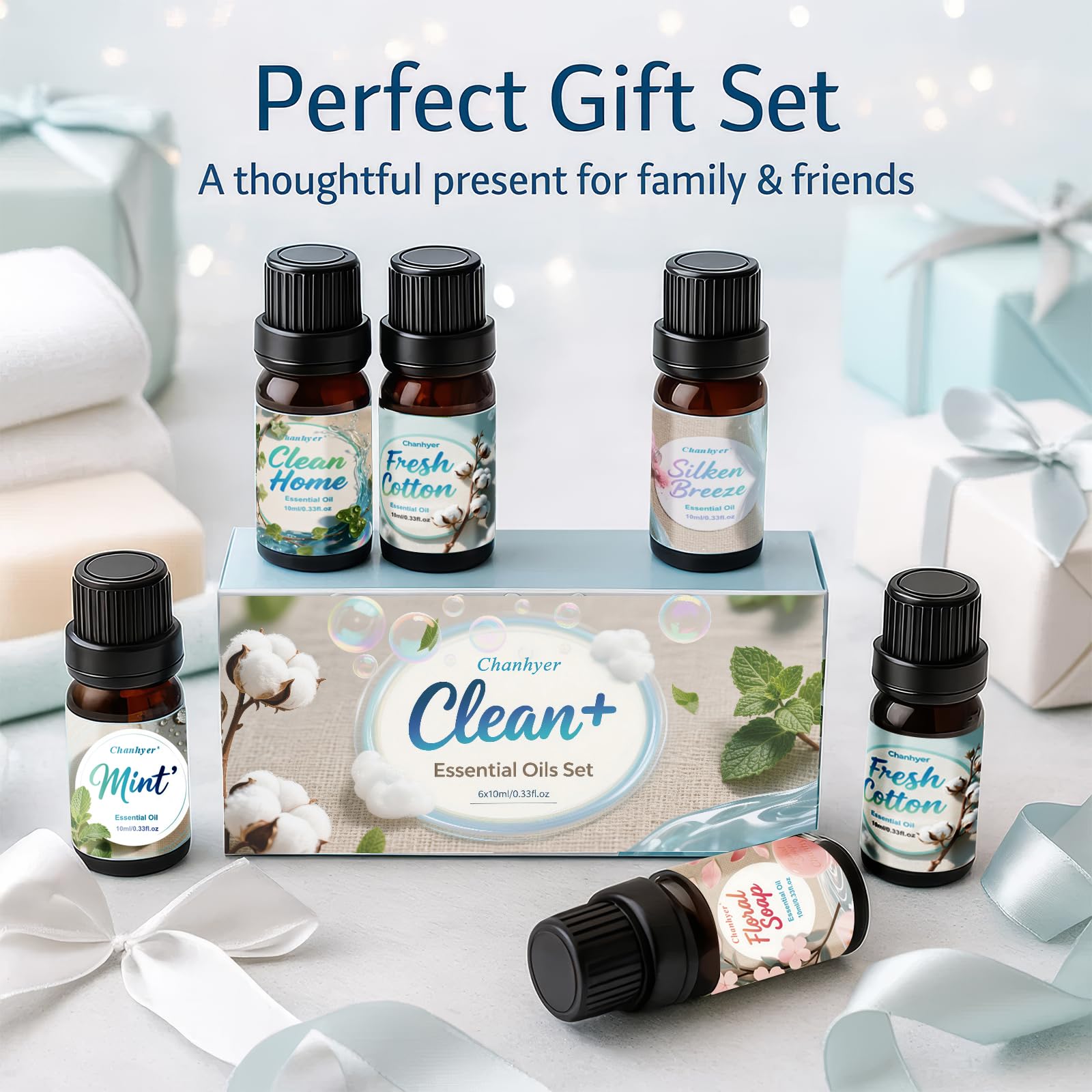 Sauber Clean Fresh Ätherische Öle Set 6 x 10 ml – Duftöl Set für Diffuser/Diffusor, Raumduft & Luftbefeuchter – Frische Wäsche, Baumwolle, Puderduft, Pfefferminze, Sauberes Zuhause & Blütenseife