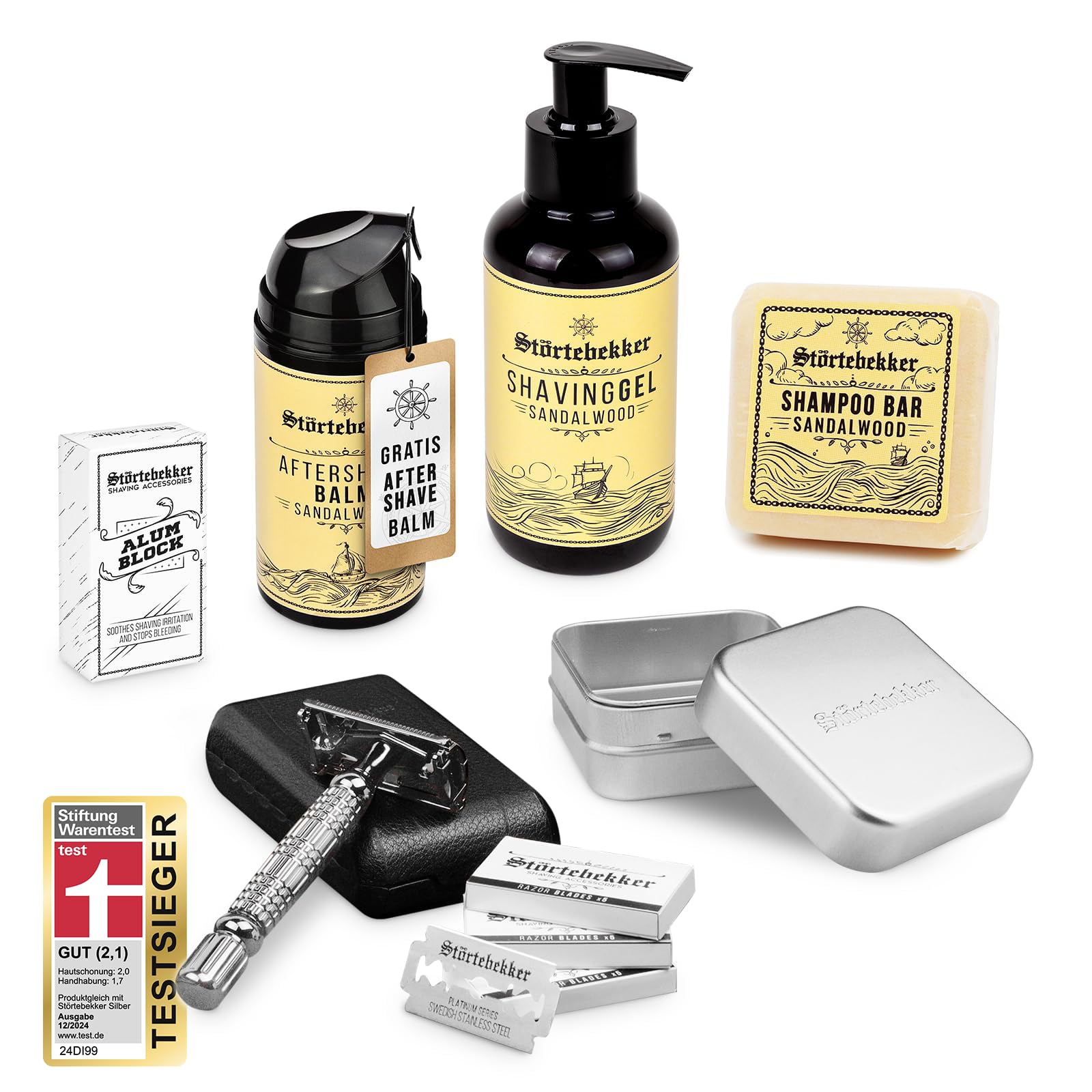 Störtebekker® Premium Shower & Shave Essential Set - Rasierset & Duschset für Herren - mit Rasierhobel (Silber/Schwarz), Rasiergel, After Shave Balm, Alaunstein, festem Shampoo & Alu Seifendose