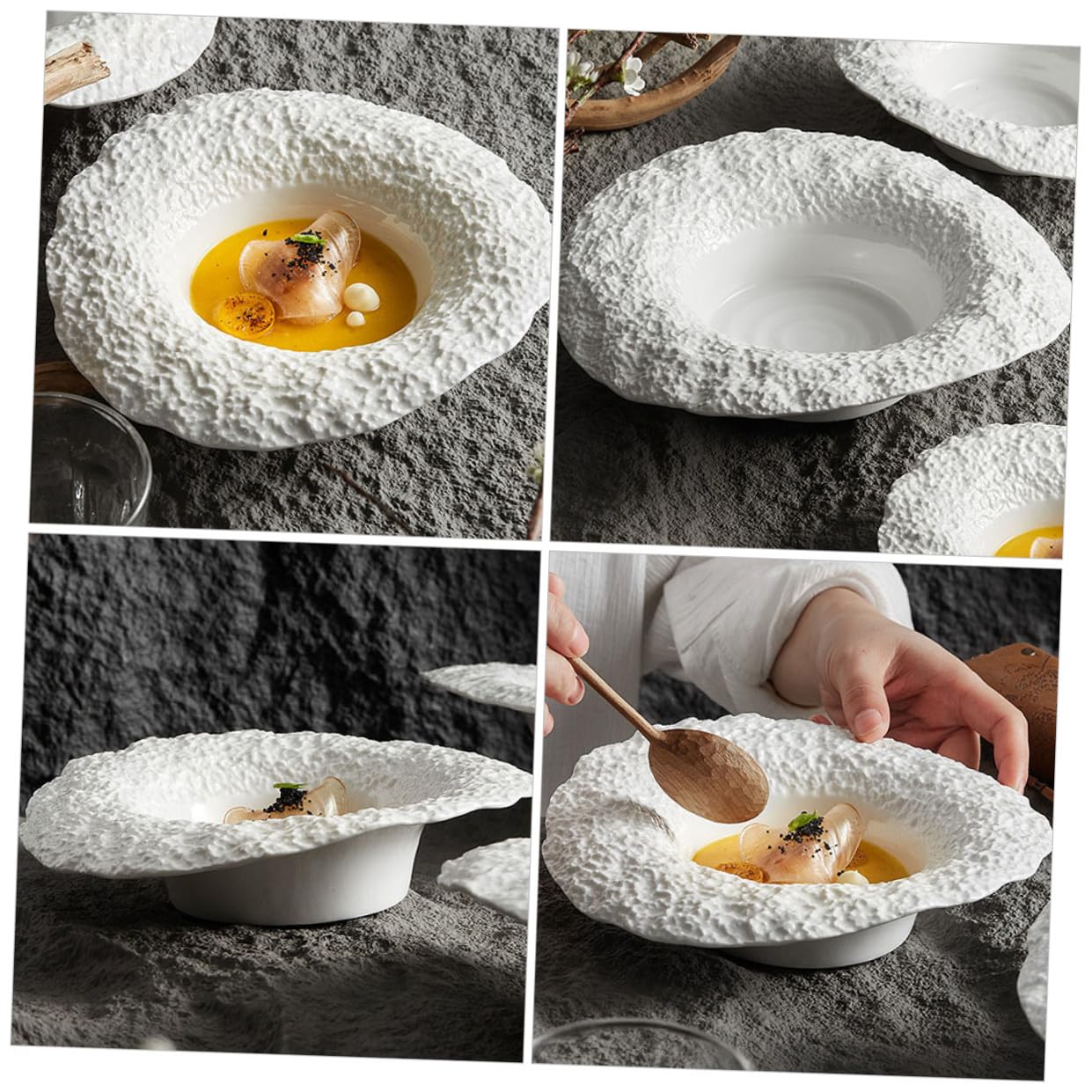 BESPORTBLE Assiette Creuse En Céramique Effet Roche 25 Cm, Assiette à Pâtes Et Salade, Vaisselle Robuste Pour Repas Maison, Usage Familial Et Restaurant, Service