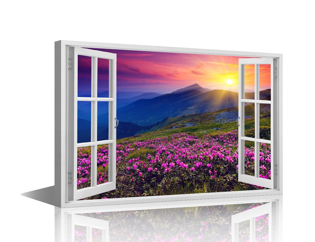 TISHIRON Sunrise Canvas Wall Art Nature Landscape 3D Window View Wall Art for Living Room Flower Pictures for Bedroom Modern Home Decor Office Decorations Artwork Framed Ready to Hang, 18x12in