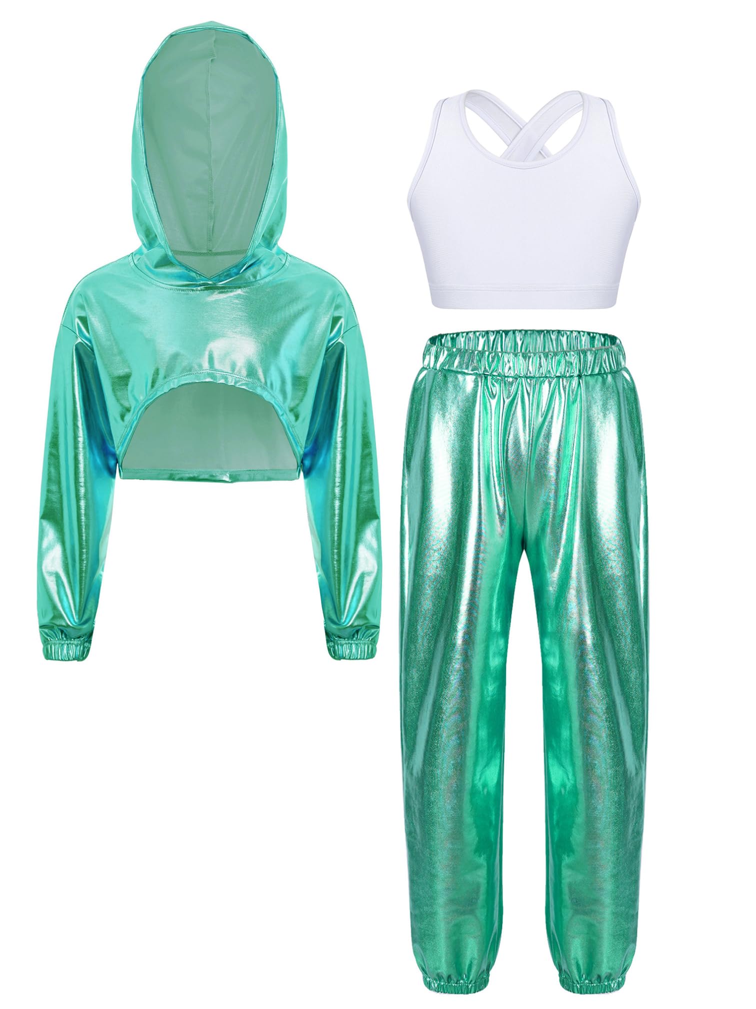 MSemis Tuta da Ginnastica Artistica Bambina 3 Pezzi Completo da Ballo di Strada Costume da Danza Moderna Jazz Hip Hop Hoodie Felpa con Cappuccio Canotta Pantaloni Sportivi