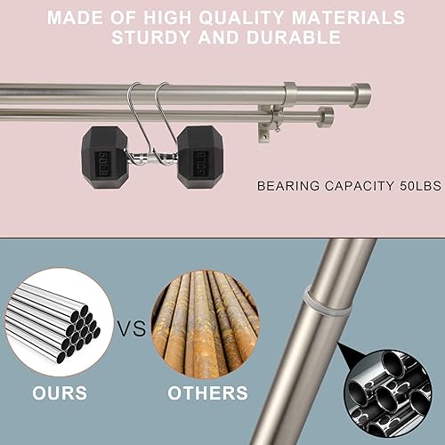 Miniatura 3 de Barras de cortina dobles de níquel cepillado de 72 a 144 pulgadas (6-12 pies), 1 pulgada delantera y 58 pulgadas trasera ajustable con tapa de