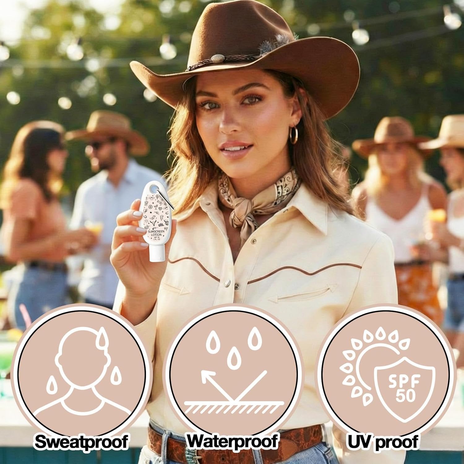 Leelosp 30 Pcs Mini Sunscreen with Carabiner Bulk Travel Size 1 Fl oz Water Resistant Spf 30 Sunblock Lotion Party Favors for Guests Western Cowboy Rodeo Cowgirl Birthday Bachelorette Gifts