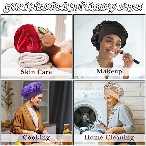 Miniatura 32 de 4 gorros de satén de seda, gorro de pelo para dormir, banda ancha elástica de seda para dormir, suave y transpirable Negro -,Negro&azul,Negro