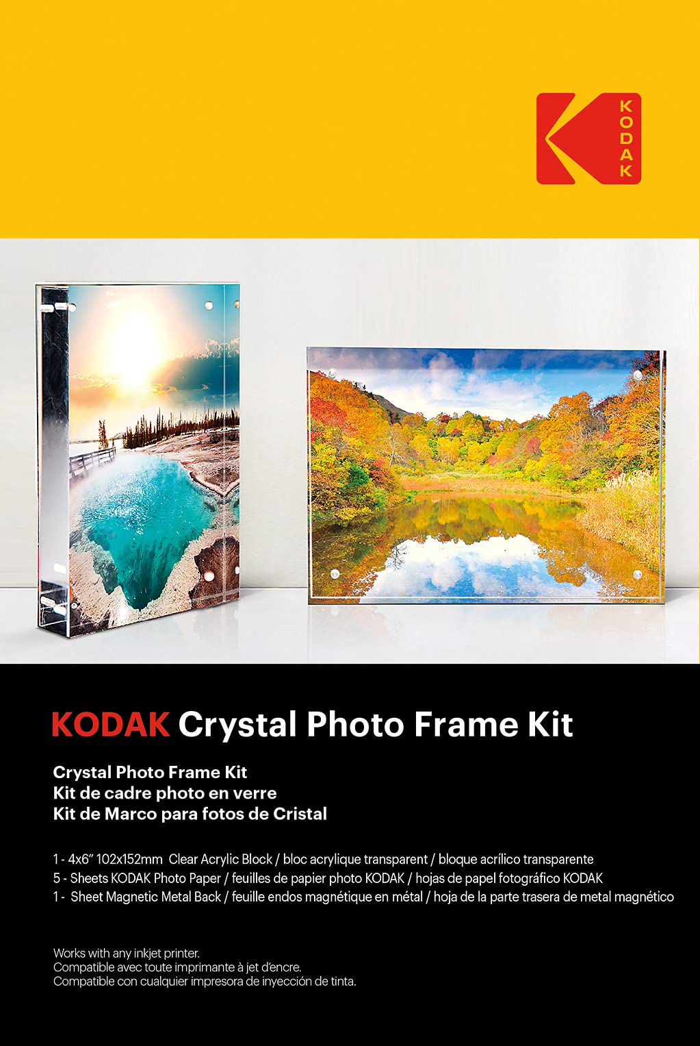 KODAK Crystal Photo Frame Kit A6 10x15cm 5 Photo Paper Sheets 1 Magnetic Sheet Inkjet 9891-245