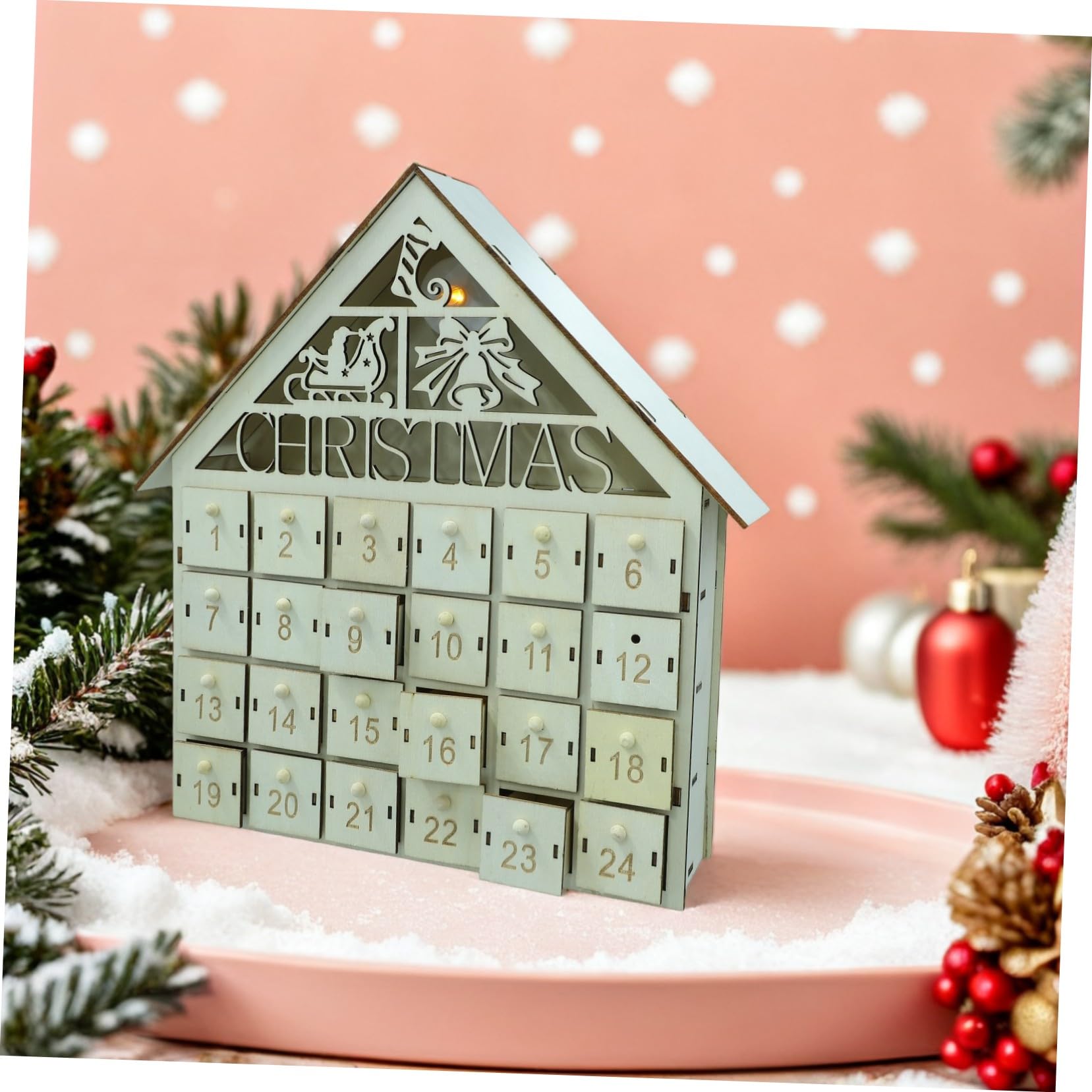 Mobestech Calendario Avvento in Legno con Luci LED 24 Cassette Conteggio Natale Decorazione Tavolo Rustica