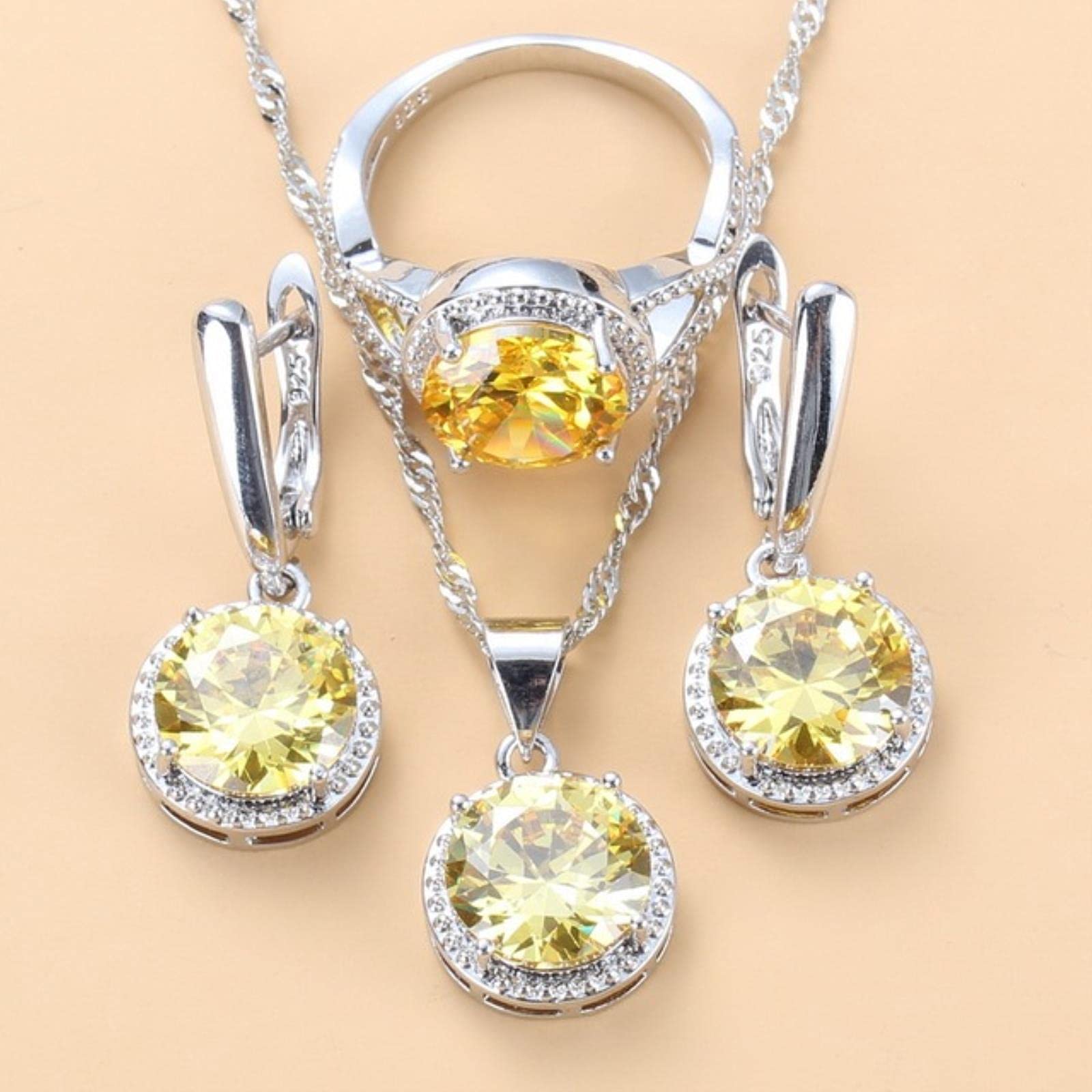 DarryDooly 925 Silver Wedding Jewelry Sets Zircon Dangle Earrings and Necklace Ring 3 piece Set women Trendy Costume