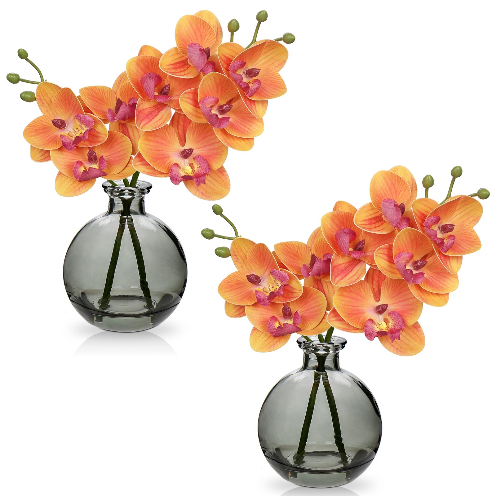 Hollyone 2pcs Artificial Orange Orchid Flower in Vase, Small Fake Orchid Plant with Glass Vase, Decorative Faux Phalaenopsis for Wedding, Centerpiece, Home Decor, Living Room, Bathroom Decorations — image 1