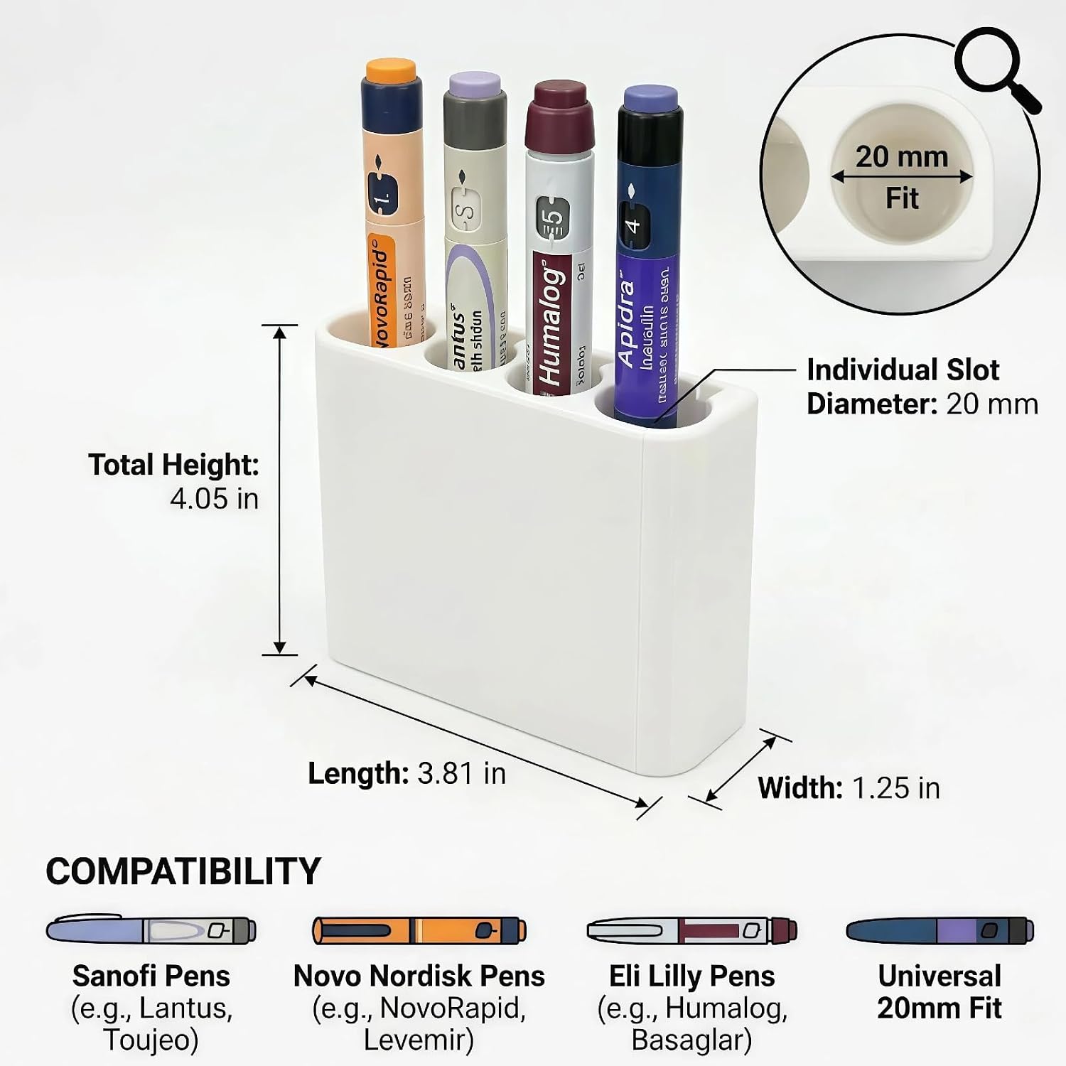 Injection Pen Holder for Fridge - 4-Slot Organizer for Insulin & Peptide Pens - Adhesive Wall Mount or Desktop Stand - Compatible with Lilly, Mounjaro, Ozempic, Peptide v1-v3 - Fits Pens up to 21mm