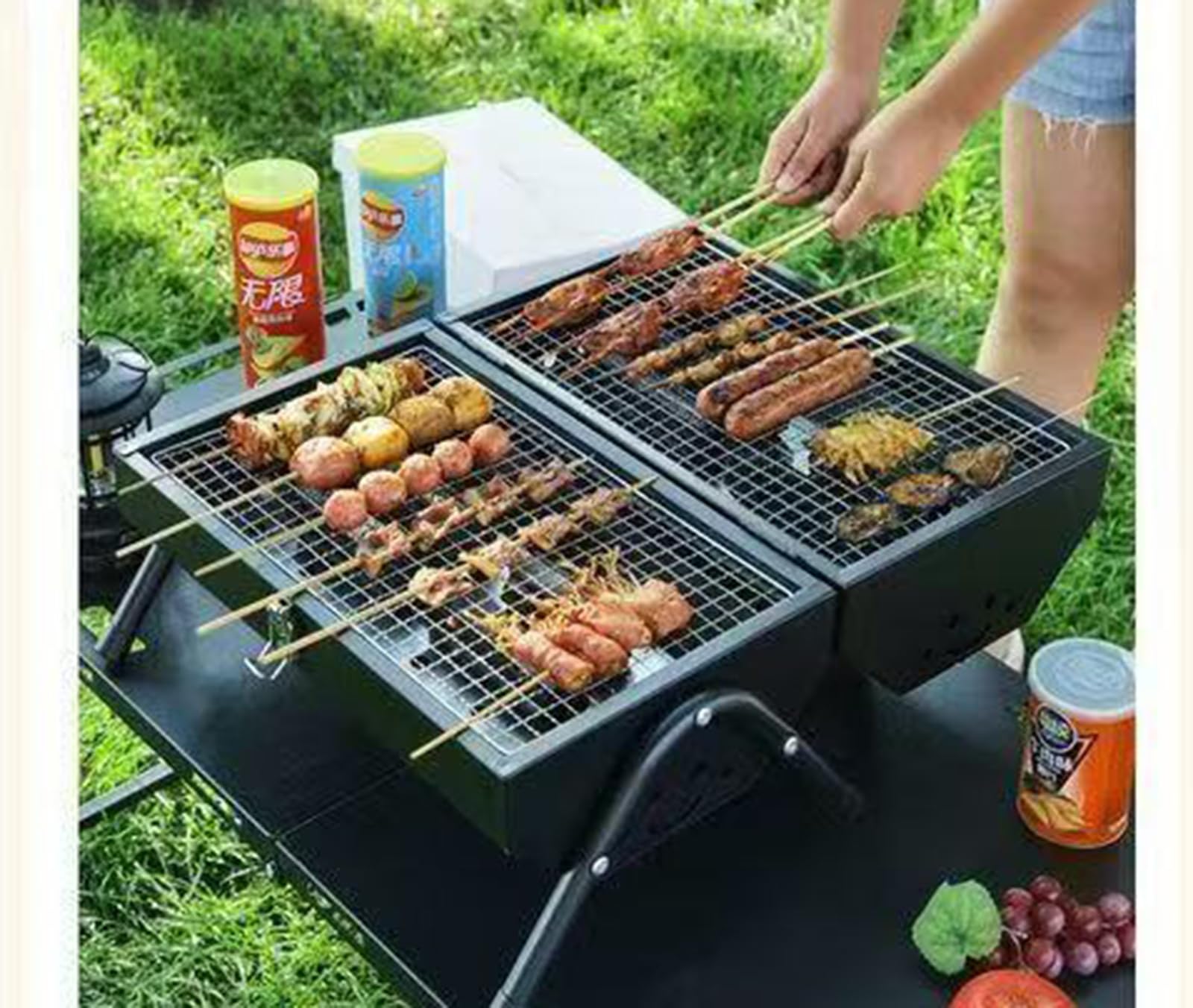 Przenośny składany grill na węgiel drzewny – dwustronny grill kempingowy z rozrusznikiem kominowym – kompaktowa konstrukcja na piknik i grillowanie na podwórku