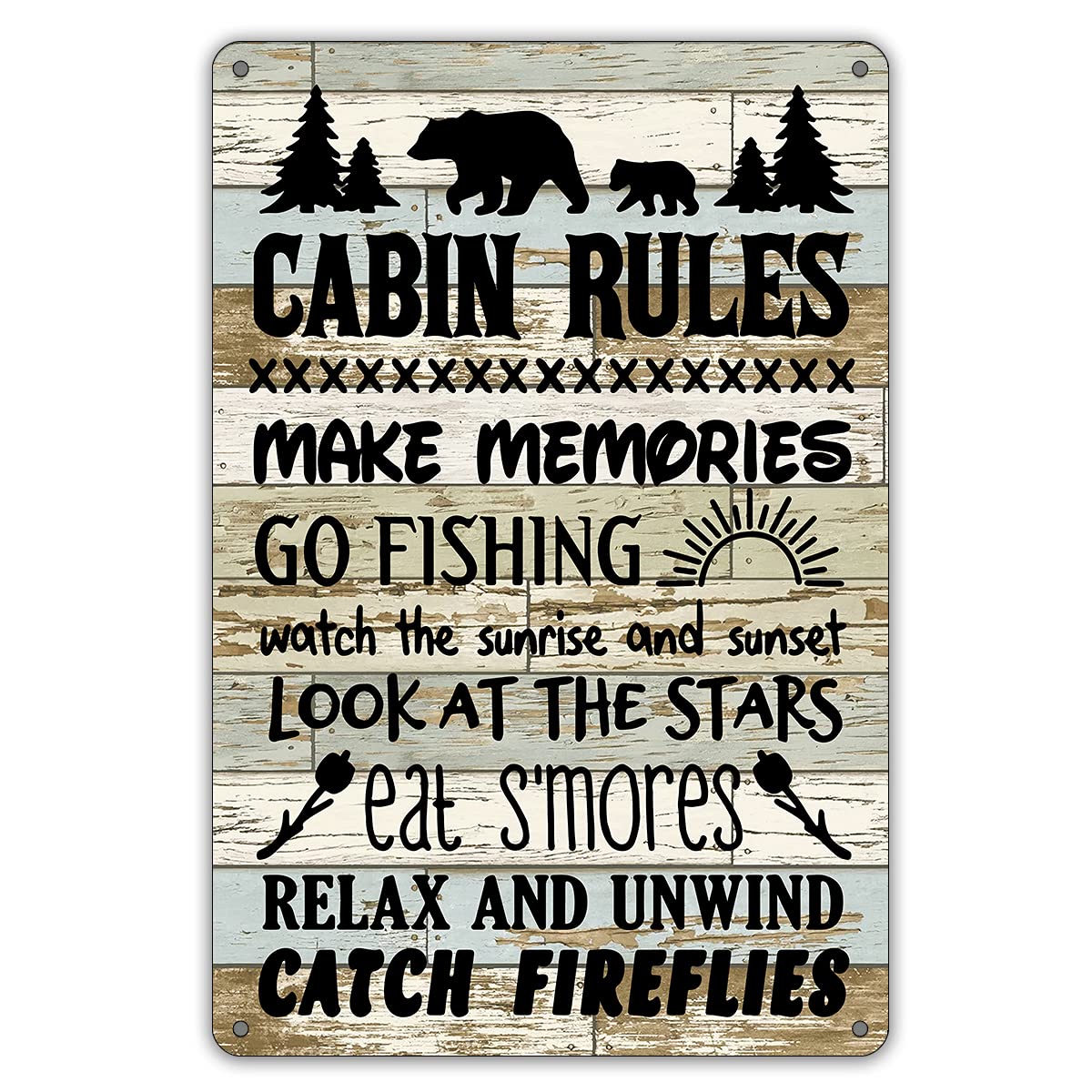QIONGQI Funny Cabin Rules Metal Tin Sign Wall Art Decor, Farmhouse Wooden Style Cabin Sign for Home Decor Gifts