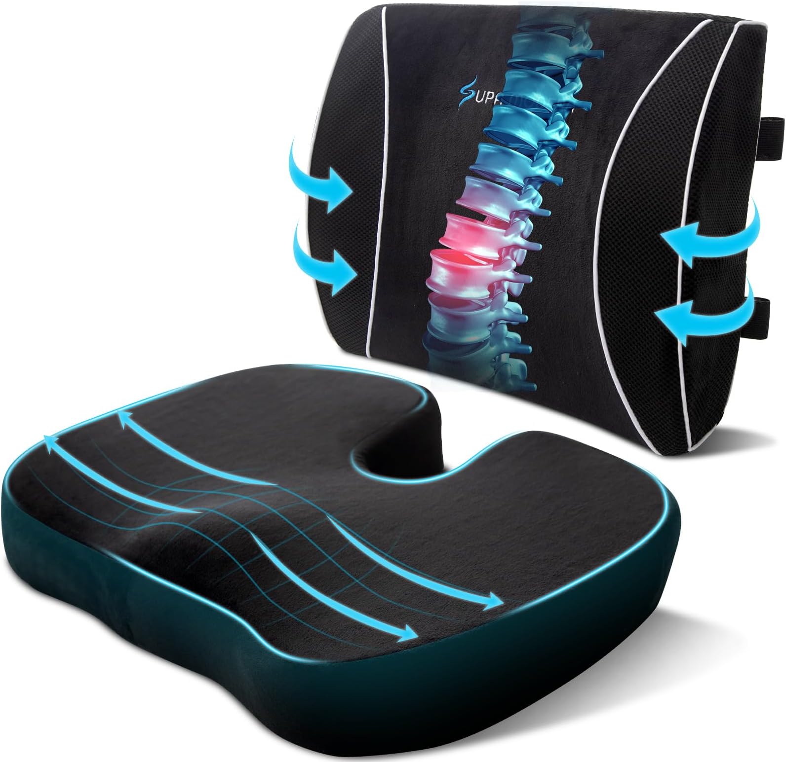 SUPA MODERN Seat Cushion for Office Chair, Gaming Chair Memory Foam Seat Cushion and Lumbar Support Pillow, 3D Breathable Mesh Lumbar Support for Wheelchair Home, Car Back Pillows (ULTRA SOFT VETVET)