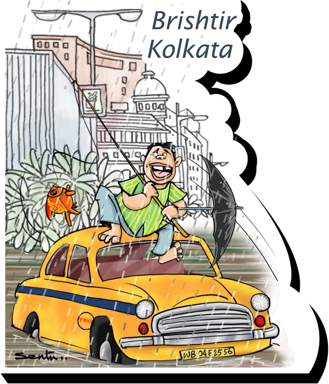 Sentoor Kartoon Kolkata Souvenir Rainy Day Wooden Fridge Magnets for Gift Home Kitchen and Office Decoration Multicolour Set of 1
