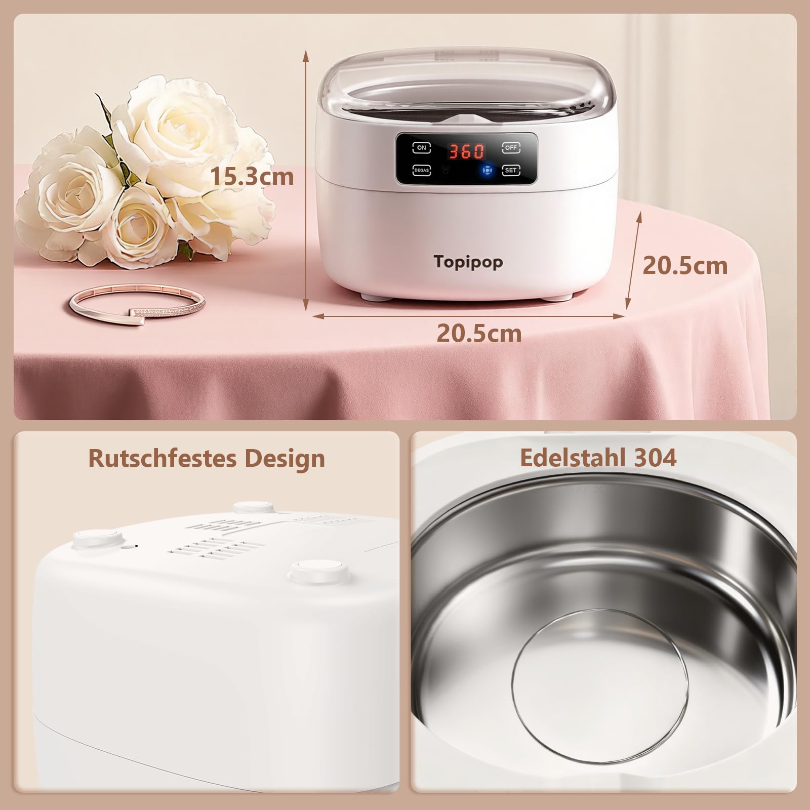 Topipop Ultraschallreinigungsgerät, 48000Hz Brillenreinigungsgerät | 750ml Ultraschallreiniger, Professional Ultrasonic Cleaner zum Reinigen von Brillen, Uhren, Ringen, Rasierklingen (White)