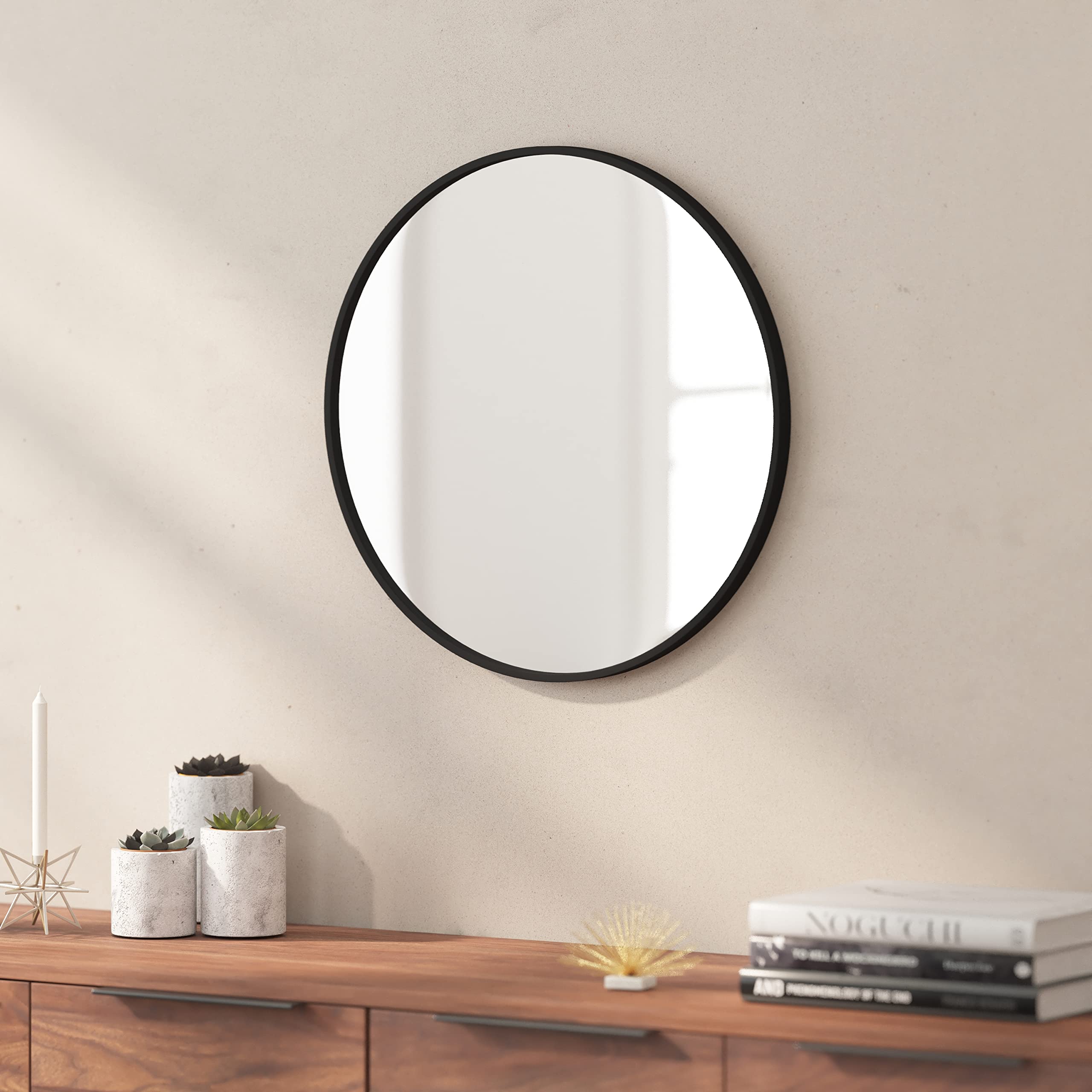 Taylor & Logan Julianne Metal Framed Wall Large Accent Mirror for Bathroom, Vanity, Entryway, Dining, Living Room, 20" Round, Black