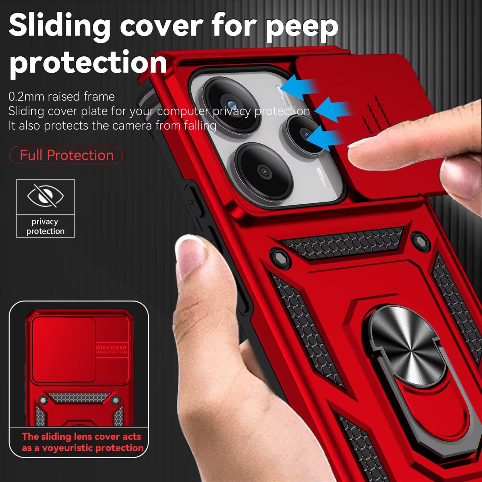 Oududianzi - Cover per Xiaomi Redmi 14C Custodia,[2 Pellicola Vetro Temperato] con Coperchio Scorrevole della Fotocamera, 360 ° staffa girevole e manicotto protettivo in silicone TPU - Nero