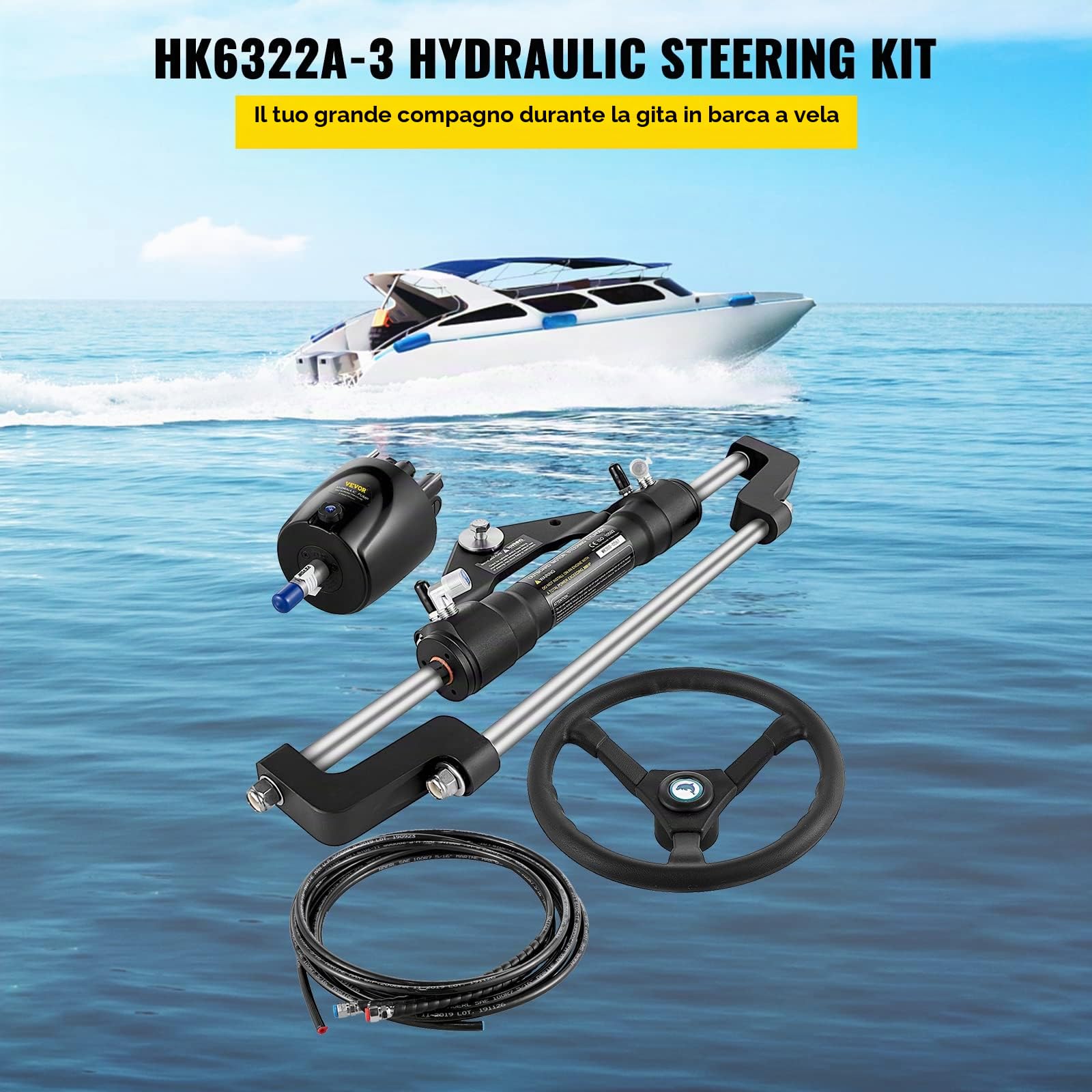 VEVOR Kit sterzo Idraulico fuoribordo 300HP, Kit sterzo Idraulico Pompa timone, Kit sterzo Idraulico per Barca con Tubo sterzo Idraulico da 22 Piedi per Sistema di sterzo Barca