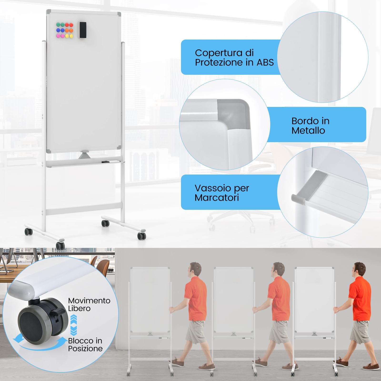 COSTWAY Lavagna Bianca Mobile 60 x 100 cm, Lavagna Magnetica Cancellabile a Secco 360° Reversibile con Cavalletto e Ruote, Completa di Pennarelli e Cancellino (Bianco)