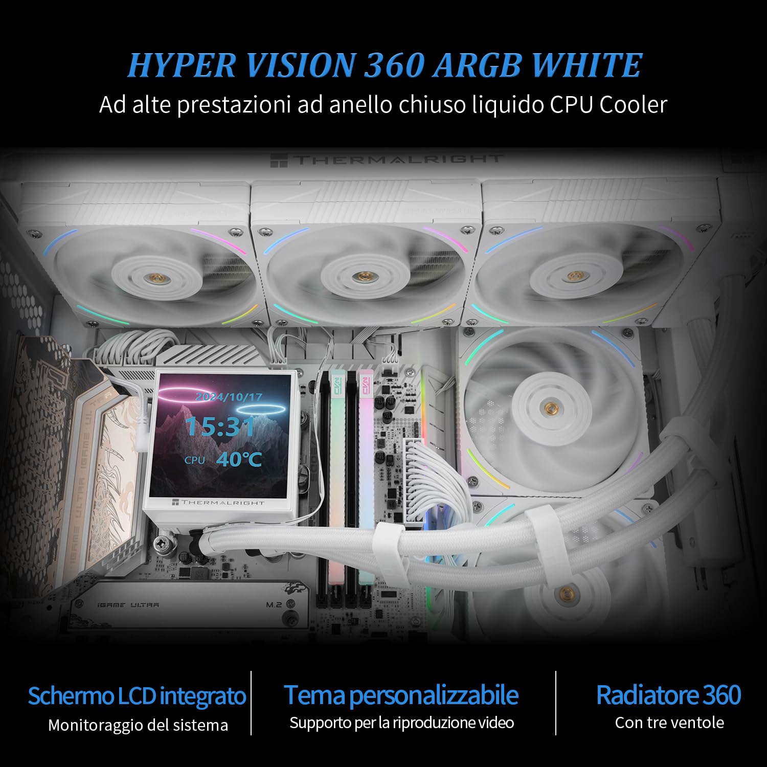 TR Hyper Vision 360 ARGB Bianco CPU AIO Cooler, sistema di raffreddamento ad acqua PC 360, schermo LCD IPS con risoluzione 480 x 480, per AM4 / AM5; pompa ad alte prestazioni a schermo Intel