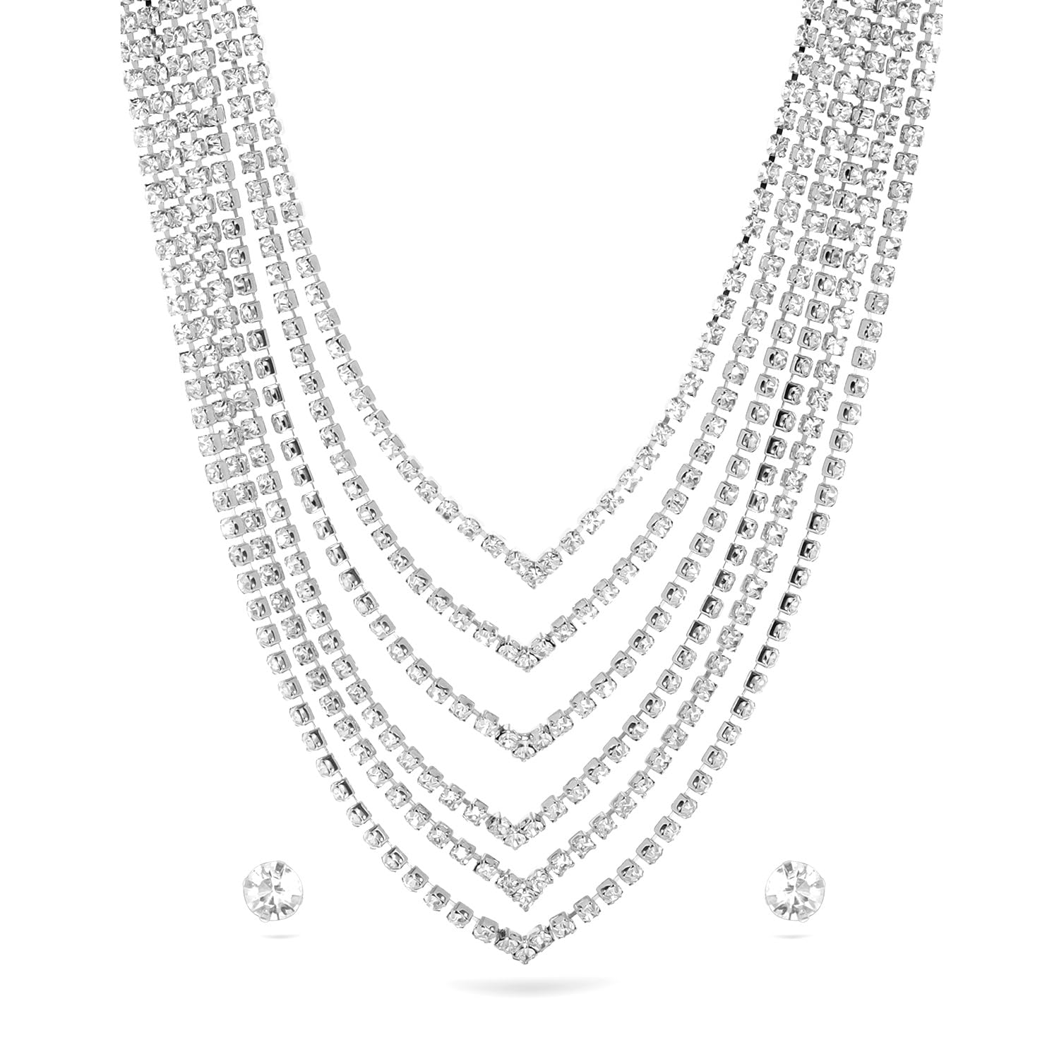 rubans Women's Rhodium-Plated Crystal-Studded Multi-Layered Necklace & Earring Set-picture-21