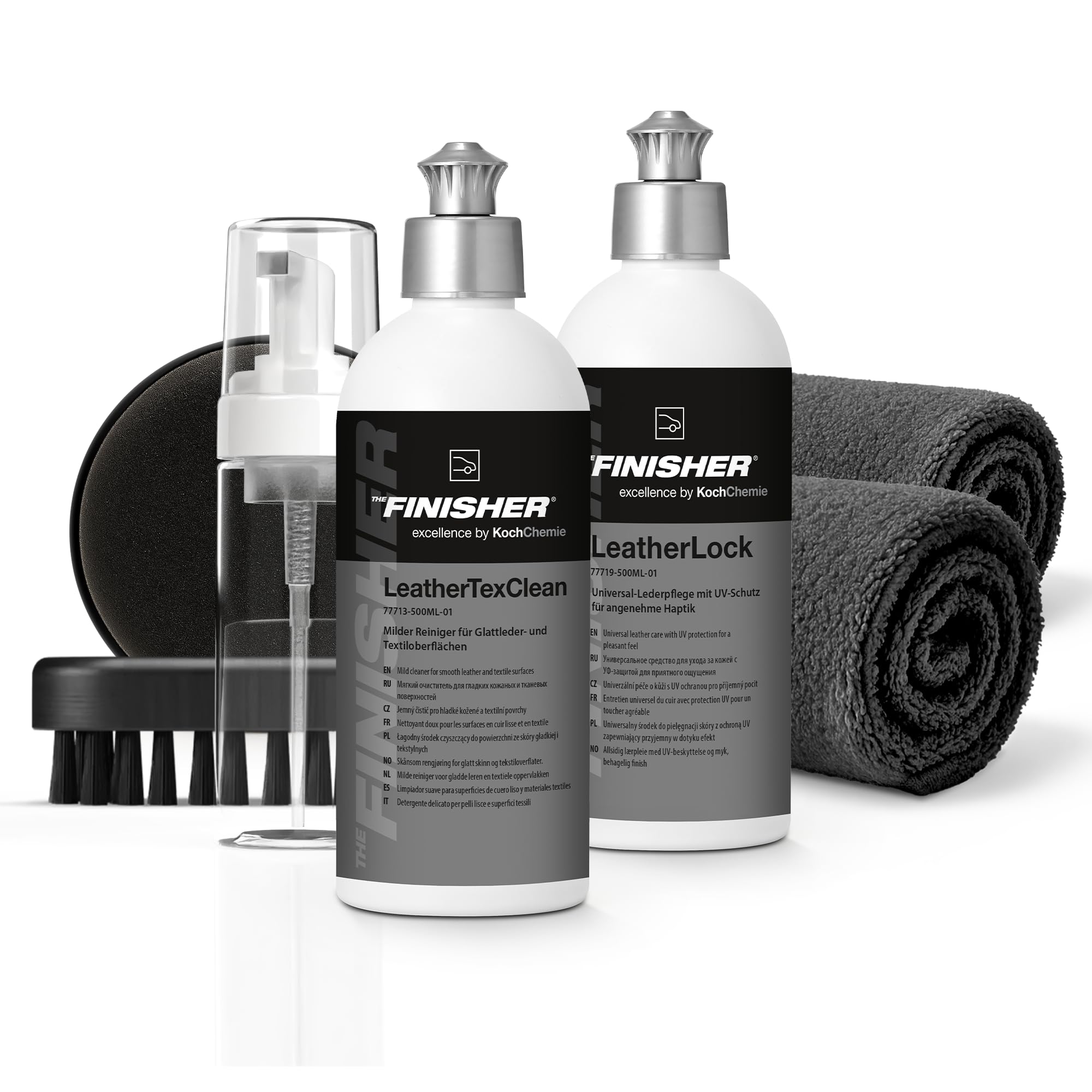 Auto Lederpflege & Reiniger Set | THE Finisher LeatherTexClean 500ml + LeatherLock 500ml + Foamer + Bürste + Applicator + 2 Mikrofasertücher | Lederreinigung & Pflege mit UV-Schutz