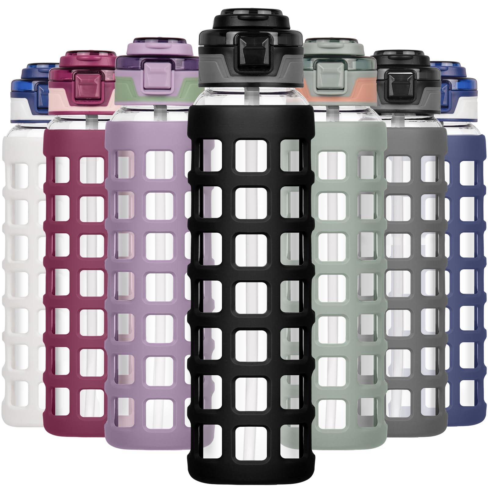 Ferexer Glass Water Bottle 1 litre / 660ml with Handle Straw Flip lids, leakproof, BPA free Water Bottle,Sustainable Borosilicate Glass, with Silicone Sleeve Sports Glass Drinking Bottle Black