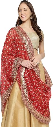 DUPATTA BAZAAR Womens Heavily Embroidered Net Dupatta Free Red