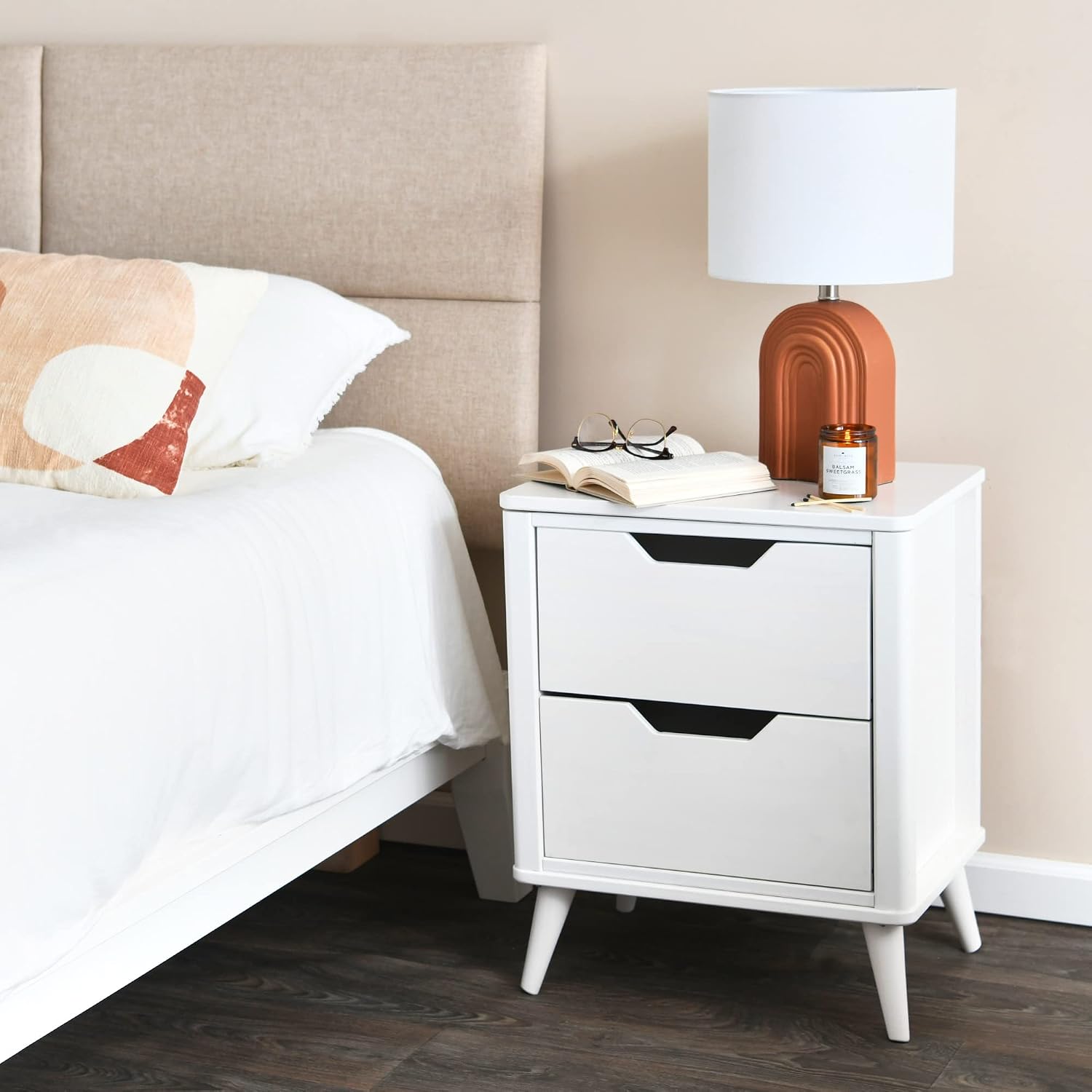 Main + Mesa Yume Mid Century Modern Solid Wood Nightstand with 2 Storage Drawers, White Finish