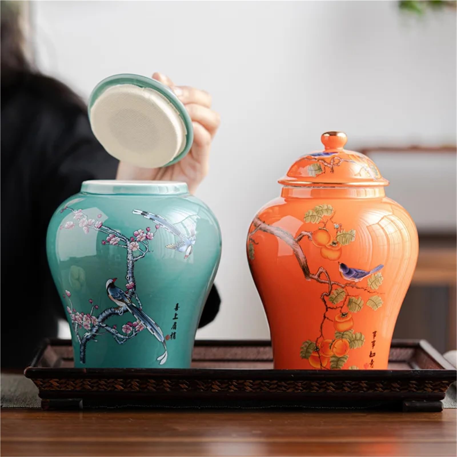 Tarro de Té de Cerámica Almacenamiento sellado del ornamento de la sobremesa tarro té cerámica bobina floral planta(D)