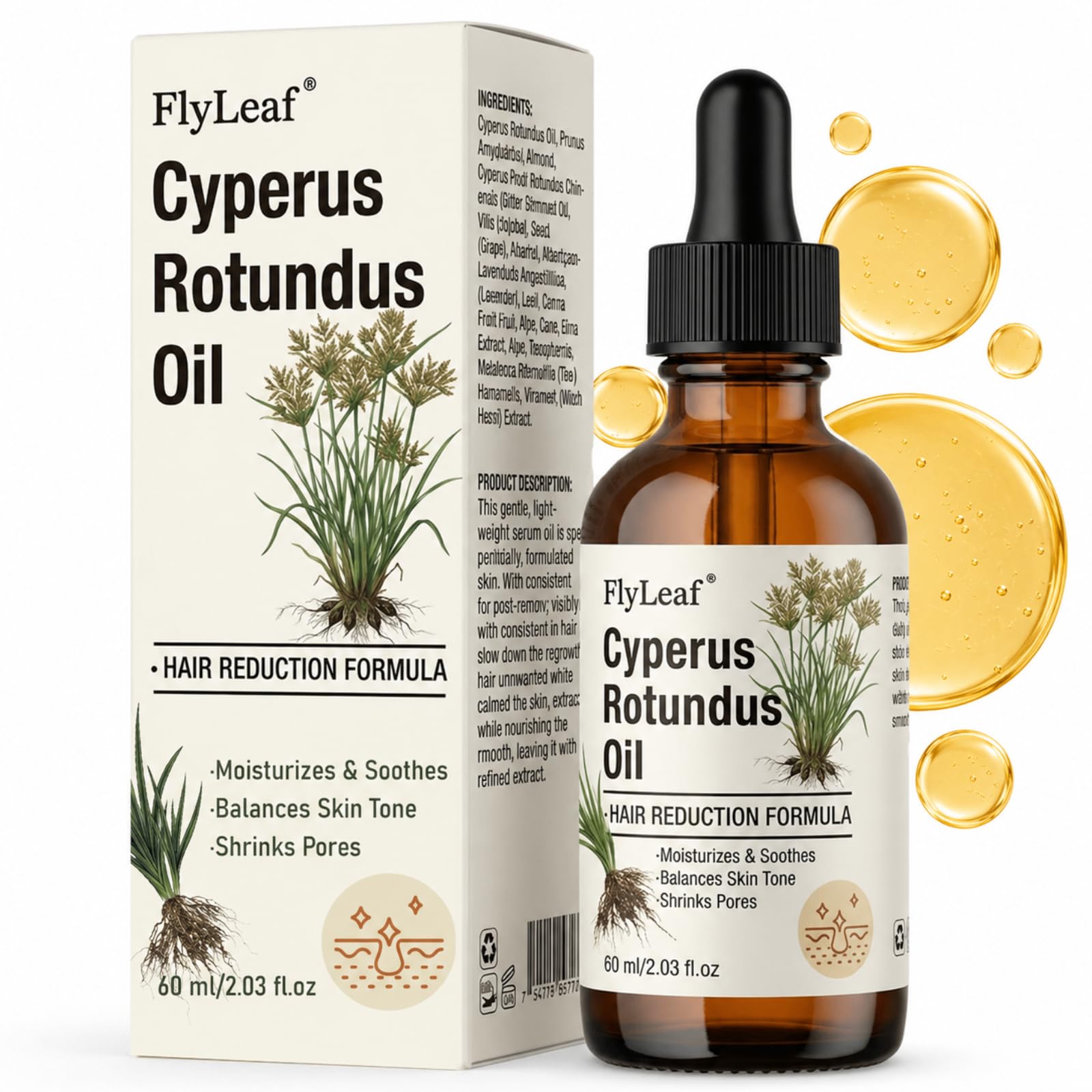 100% Pure Cyperus Rotundus Oil for Hair Removal - Natural Hair Growth Inhibitor & Reduction Oil - Topical Cyperus Oil for Face, Body, Underarms & Bikini Line - Vegan & Hexane-Free - 2oz (60ml)