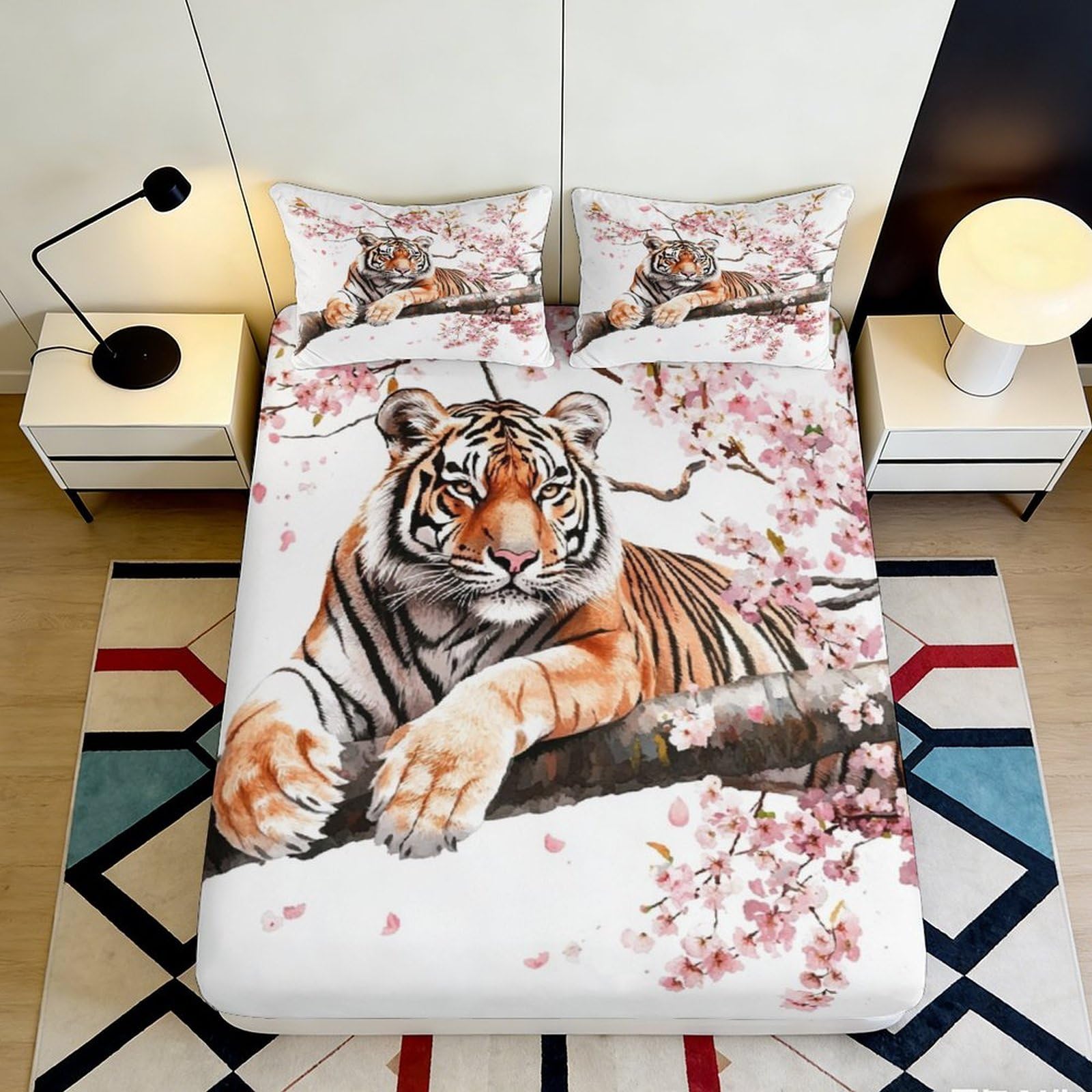 3D Printed Tiger Cherry Blossom Fitted Sheet Microfiber Soft Mattress Cover for Bedroom Decor Protection 90x200x25cm