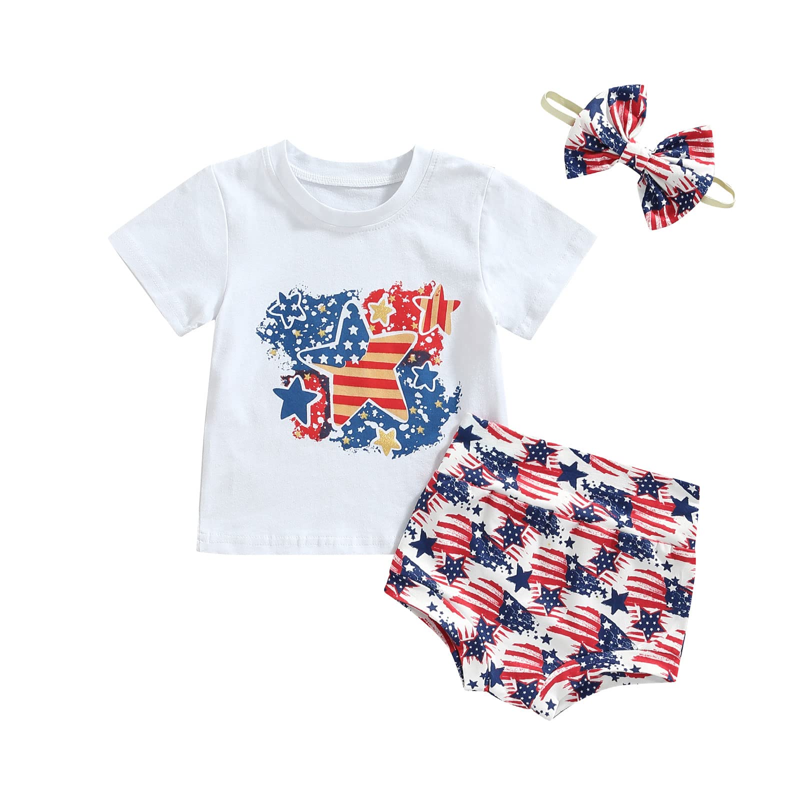 Rtnnsbbfcm Newborn Baby Girl 4th of July Outfit Short Sleeve Bull American Flag T-Shirt Top Shorts Headband 3Pcs Clothes Set (0-6 Months,White Stars)