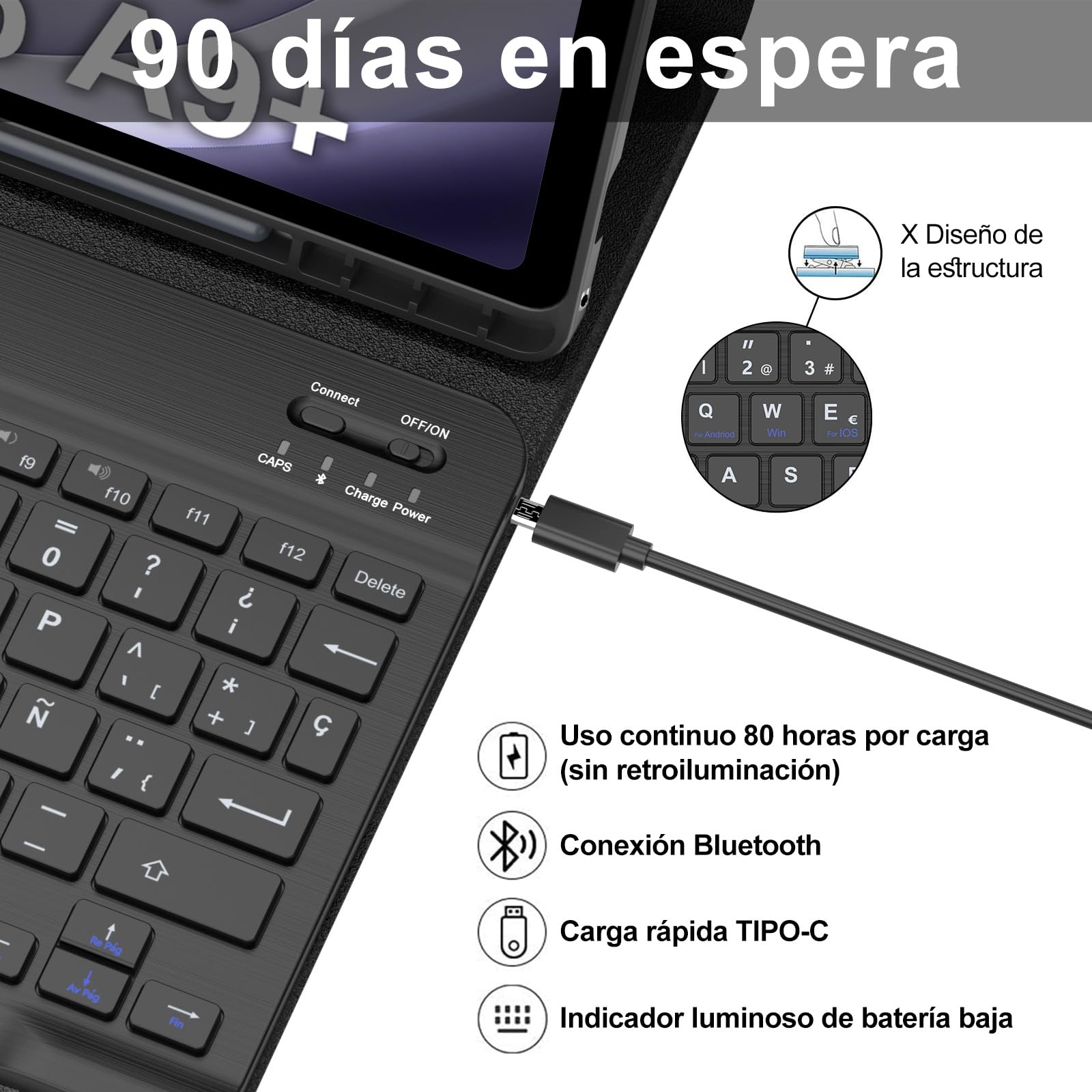 IVEOPPE Teclado Samsung Galaxy Tab A9 Plus 11 Pulgadas 2023, Funda Teclado Español Ñ Bluetooth Desmontable para Samsung Galaxy A9+ (SM-X210/X216/X218), Negro
