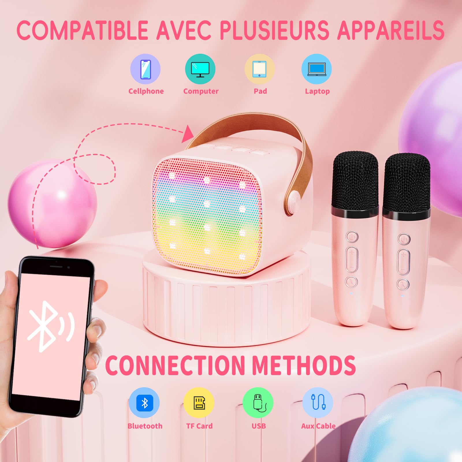 Ankuka Karaoke Enfants avec 2 Micro sans Fil Portable, avec Magique Voix Change et LED Lumière Qualité Sonore HiFi Mini Microphone pour Enfant Adulte Fille Rose