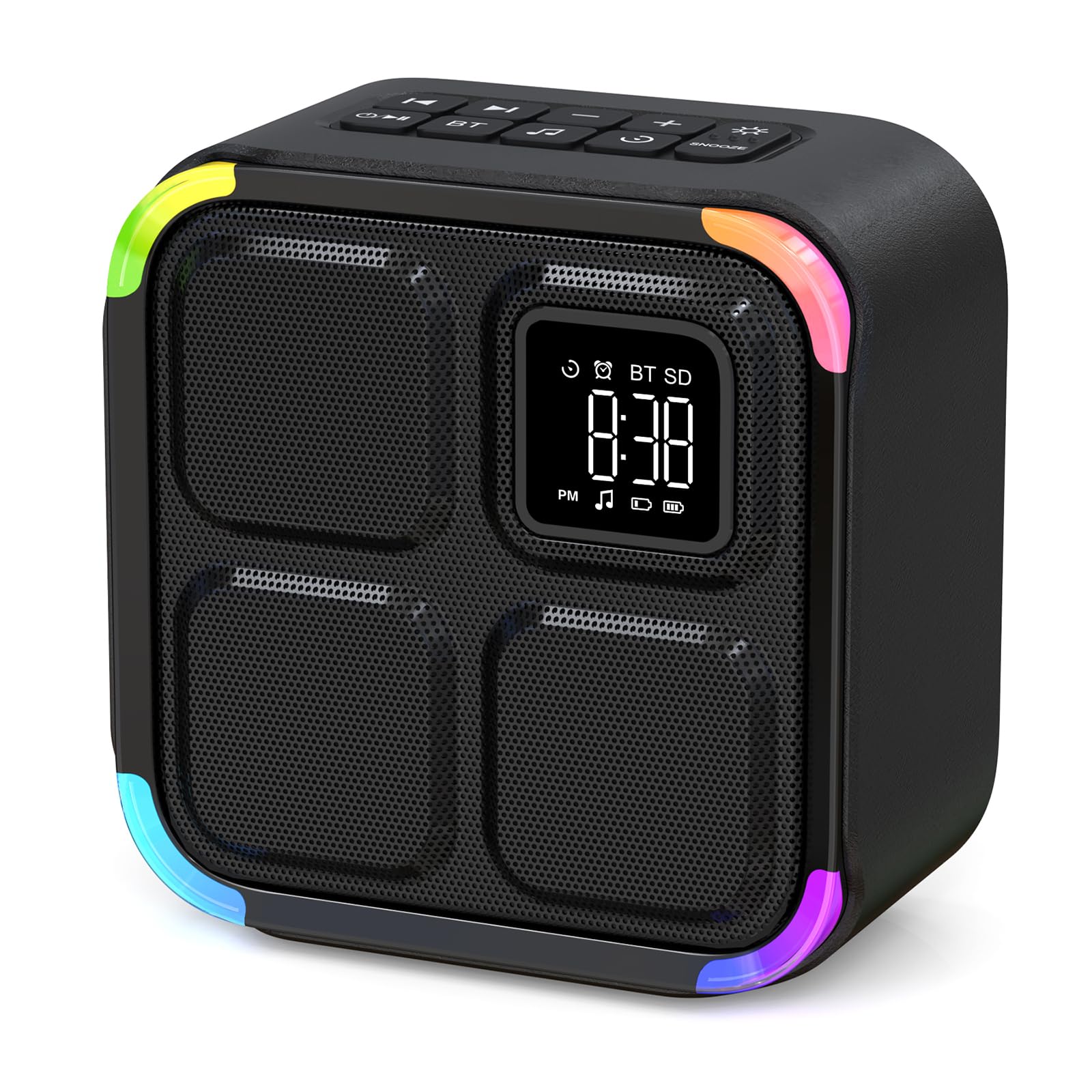 Apuzom - Altavoz Bluetooth portátil con reloj despertador, 30 sonidos calmantes con luz nocturna, 8 colores, altavoz Bluetooth, lámpara de noche despertador, mañana, regalo para adolescente niño niña