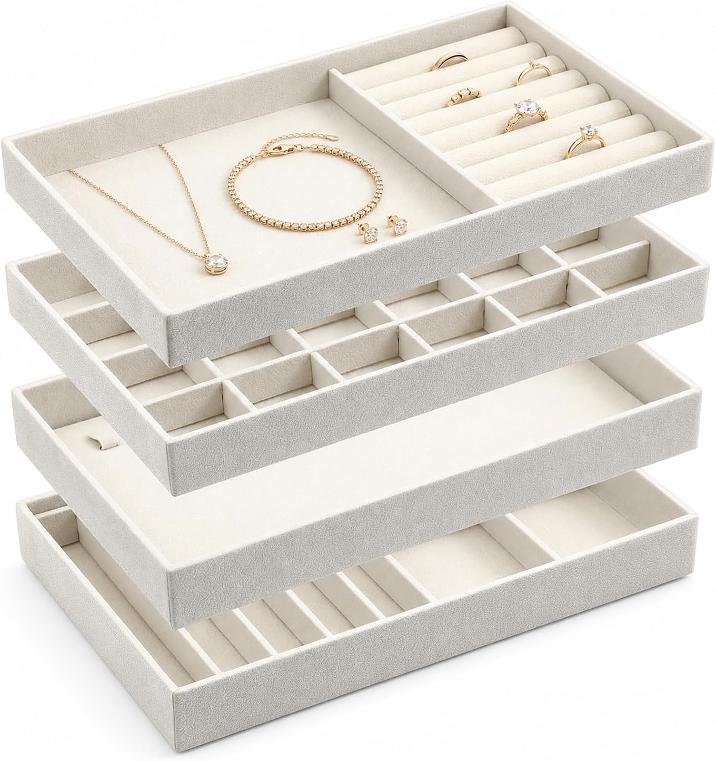 Velvet Jewelry Drawer Organizer Trays, Stackable Velvet Jewelry Organizer Trays, 4-Layer Stackable Jewelrys Storage Inserts Set, Jewelrys Storage Tray Display Case for Necklaces, Rings, Earrings