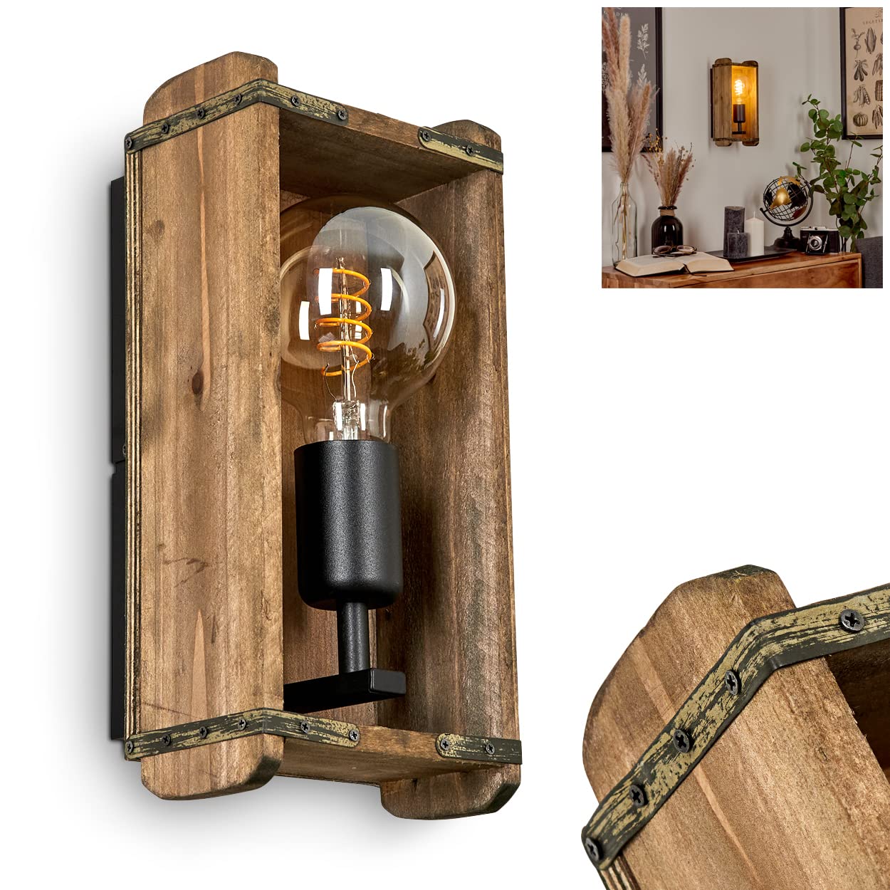 Wandleuchte Avestruz, Vintage Wandlampe aus Metall/Holz in Schwarz/Natur, 1-flammig, 1x E27, Wandspot im angesagten Retro Design aus Echtholz, ohne Leuchtmittel