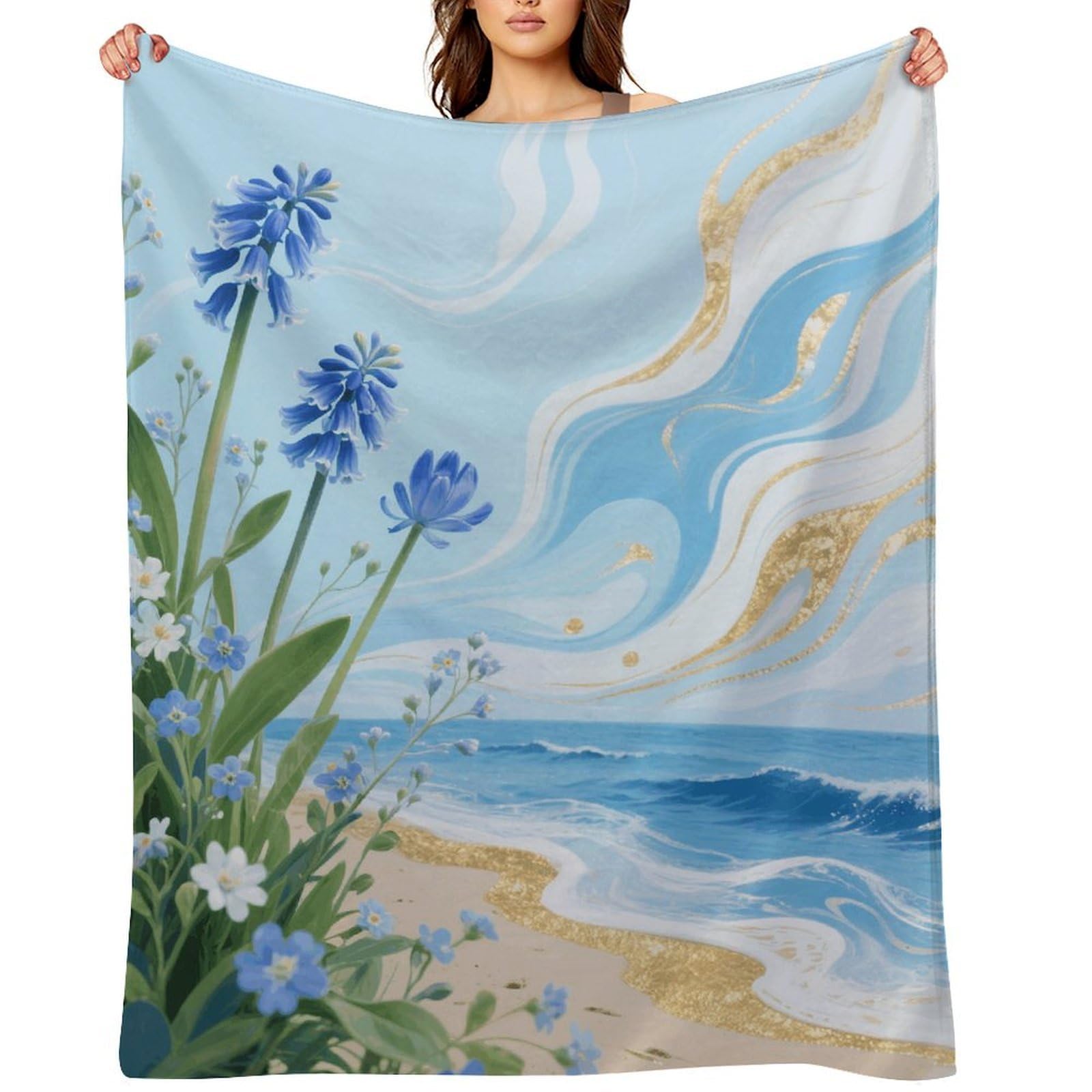 Hawaii Floral Blue Throw Blanket for Couch and Bed Super Soft Warm Lightweight Throw Blankets Cozy Fuzzy Flannel Blanket Personalized Decorative Blankets for Sofa Decor 40"x50"