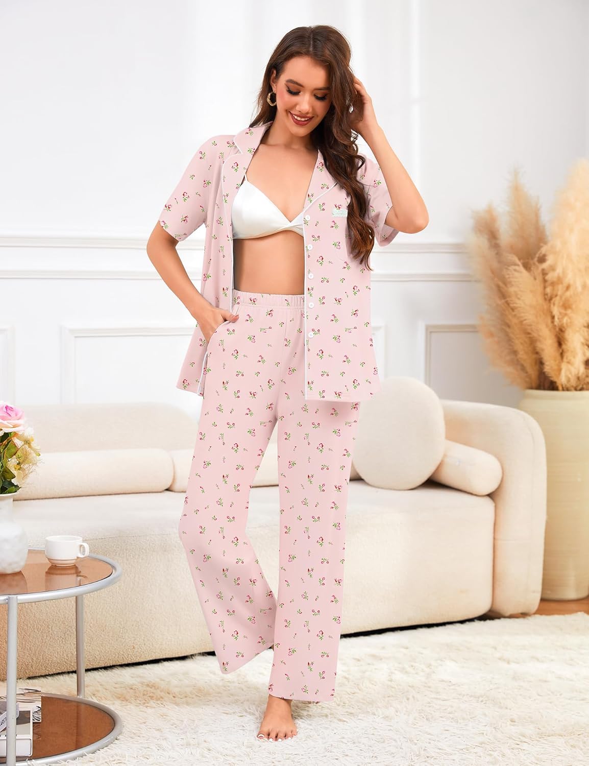 Bloggerlove 100% Cotton Pajamas for Women Set 2 Piece Short Sleeve Women's Sleepwear Button Down Lounge Sets with Pockets - Image 4