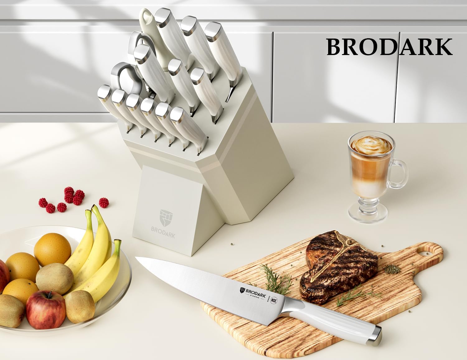 BRODARK 15-Piece Kitchen Knife Set with Block and Sharpening Rod, Full Tang German Stainless Steel Knife Block Set with Ergonomic Roman Handle, Ultra Sharp & Rust Resistant, Premium Gift Box White image 6 of 6 B0FJS2KP1T