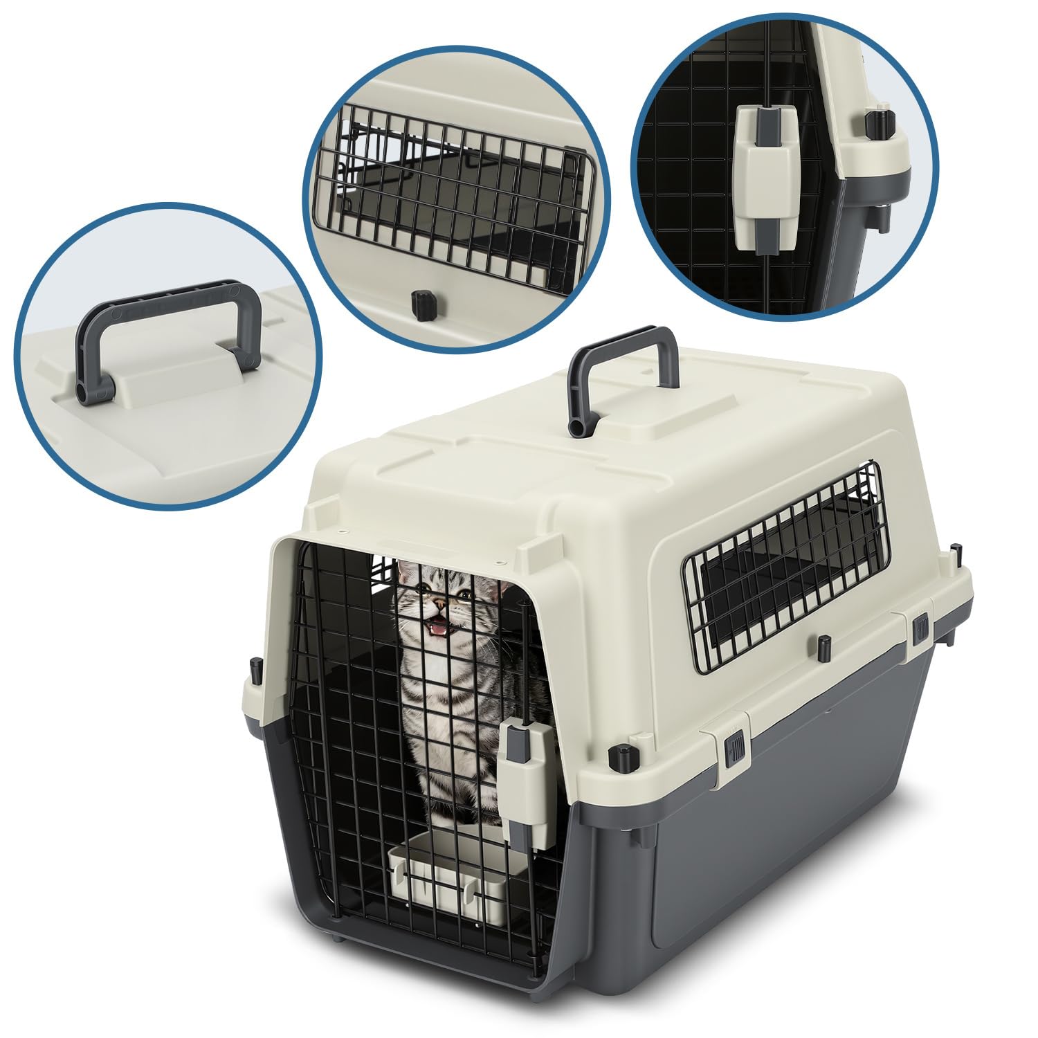 Pet Transportbox für Katzen, kleine Hunde & Nagetiere bis 10 kg, 60,4x42x39,8 cm, Leichte Hundetransportbox mit Metallgitter, Inkl. Grundausstattung