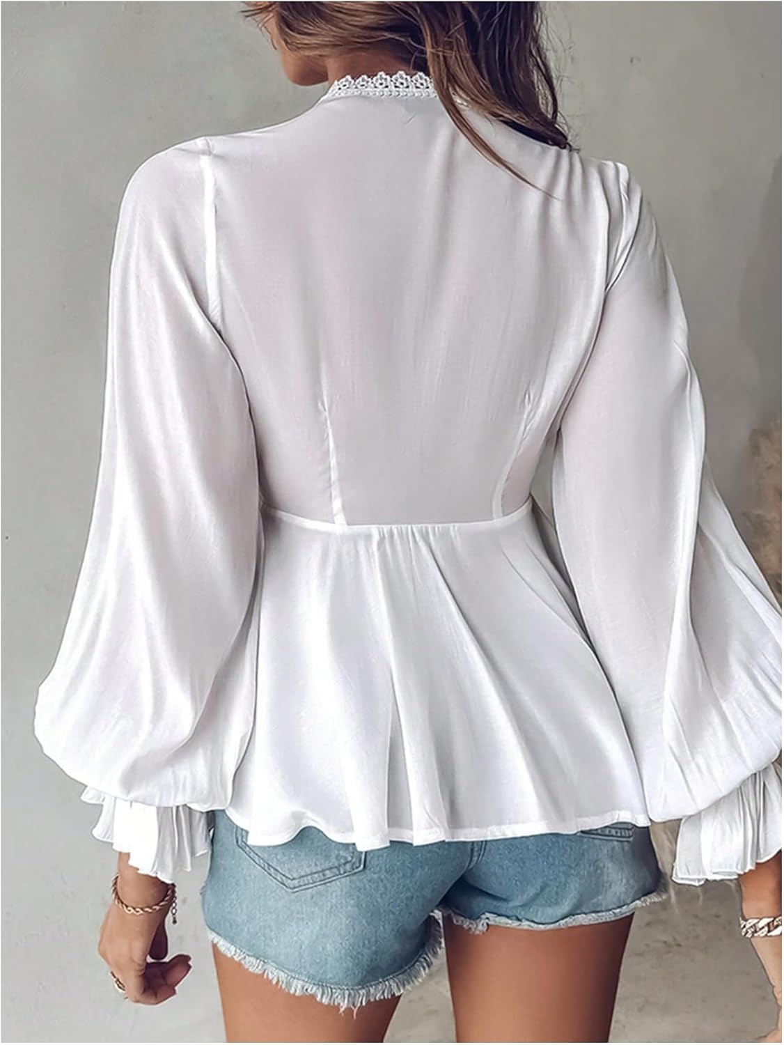 SweatyRocks Women's Lace Long Sleeve Peplum Top Tie Front Blouses V Neck Lantern Shirts - Image 2