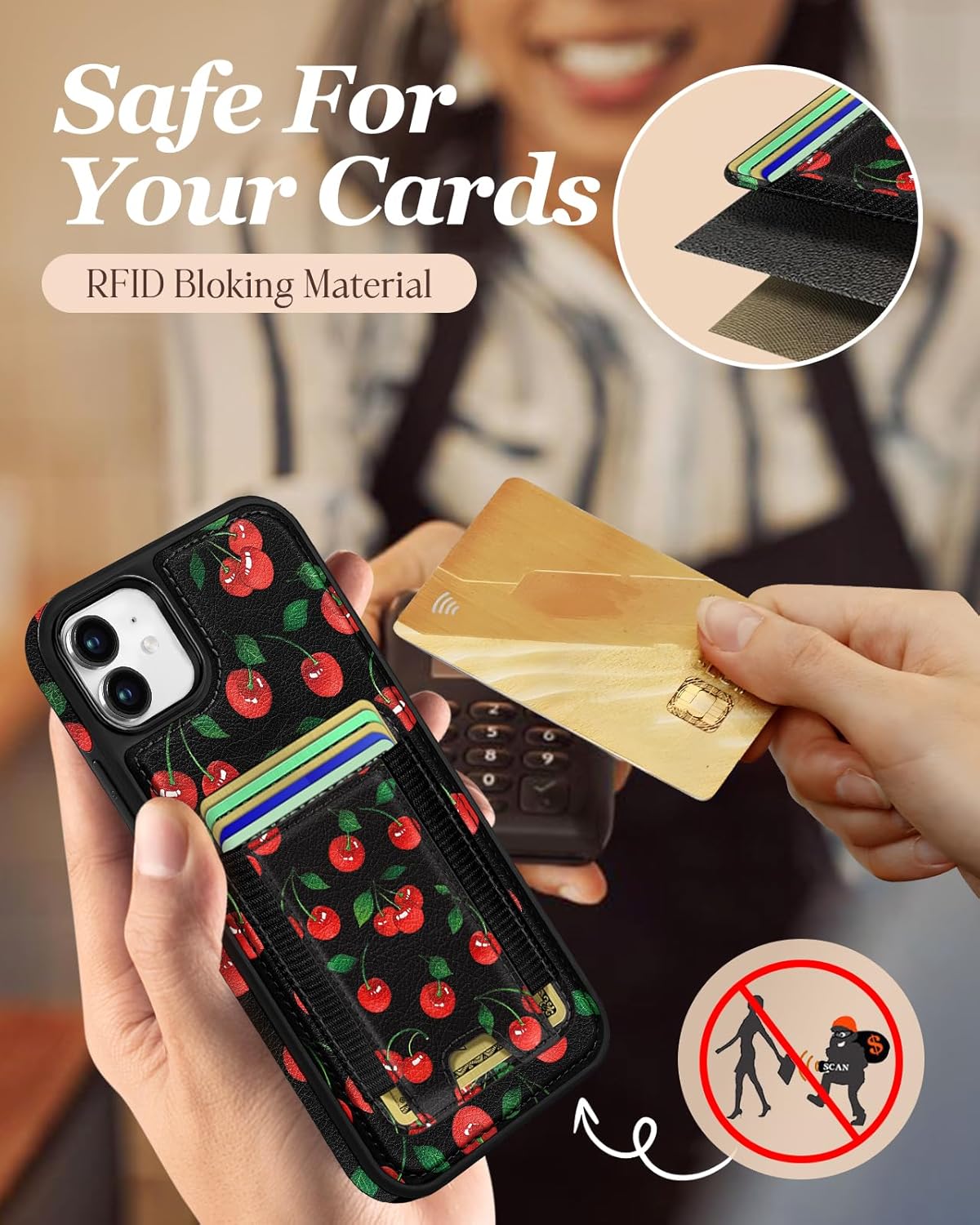 Shorogyt for iPhone 11 Wallet Case - Fits 5 Cards, Compatible with Magsafe Detachable Magnetic Credit Card Holder Leather Cardholder Cute Phone Cover Women Girls for Apple 11, Cherry - Image 5