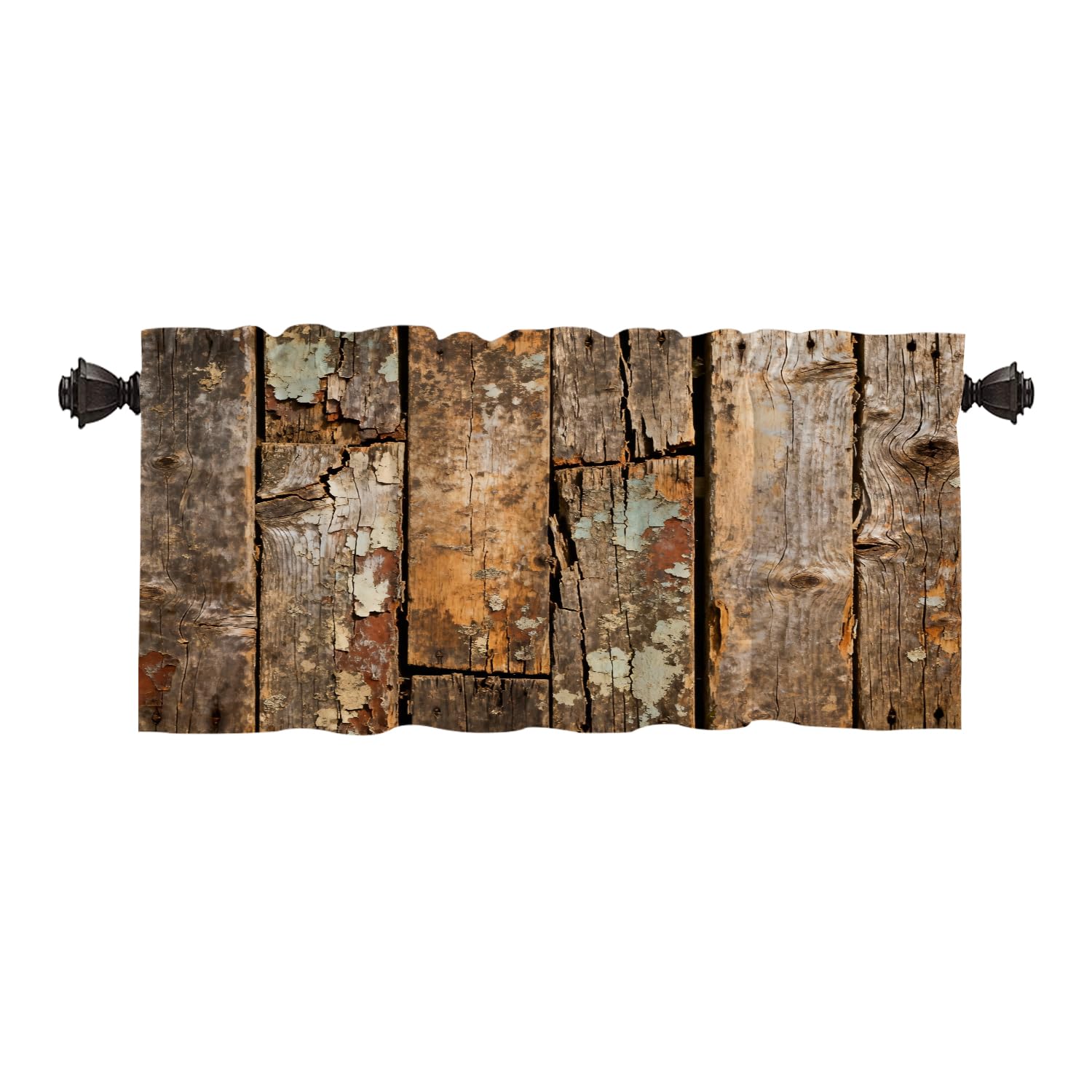 Batmerry Vintage Wood Weathered Kitchen Valances Half Window Curtain, Old Rustic Wooden Fence Blue Paint Kitchen Valances for Windows Heat Insulated