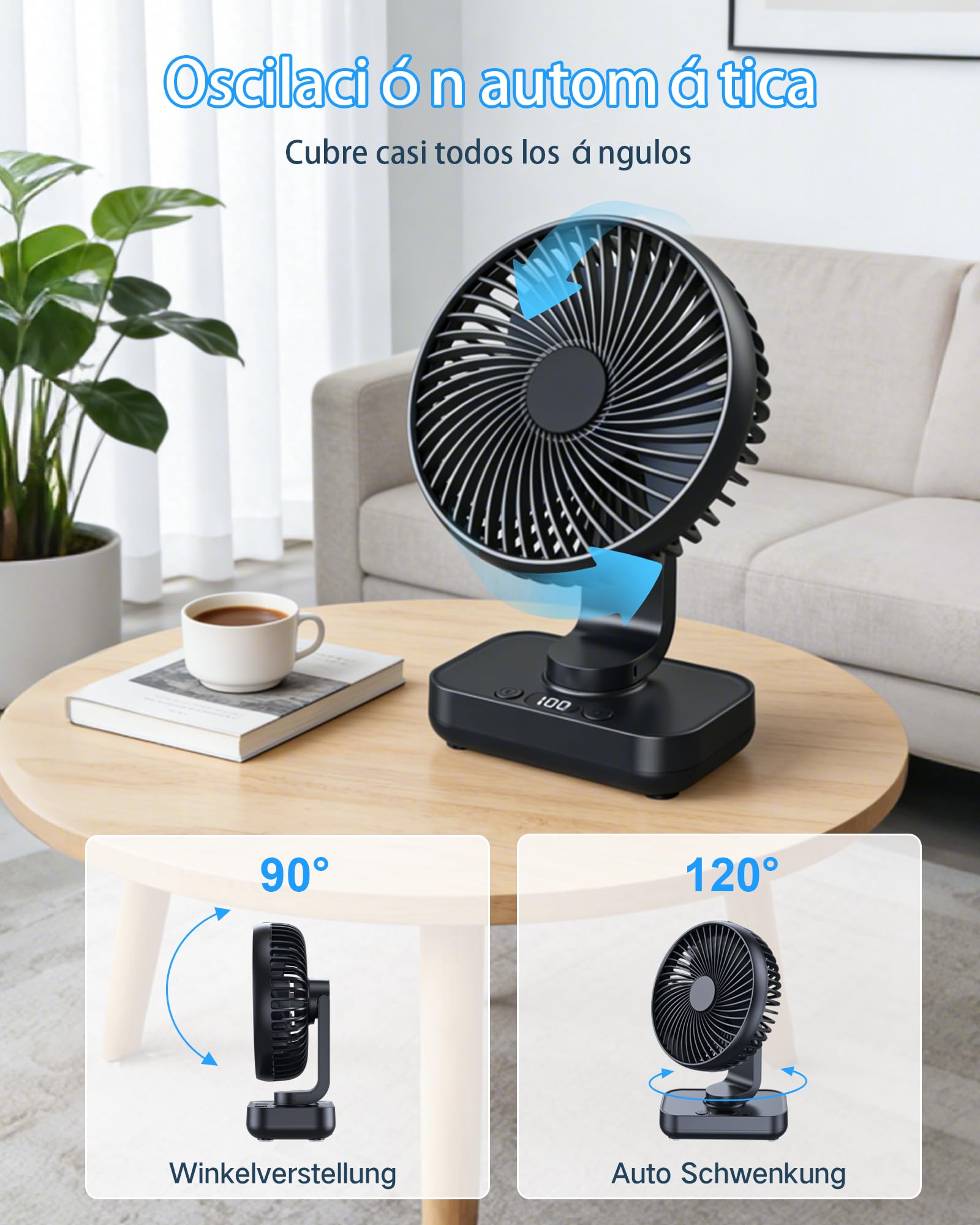 Ventilador de Mesa USB con Oscilación Automática, Batería 4500mAh Recargable, Silencioso, 4 Velocidades, Pantalla Digital, Carga Rápida, Portátil para Hogar, Oficina, Dormitorio, Exteriores