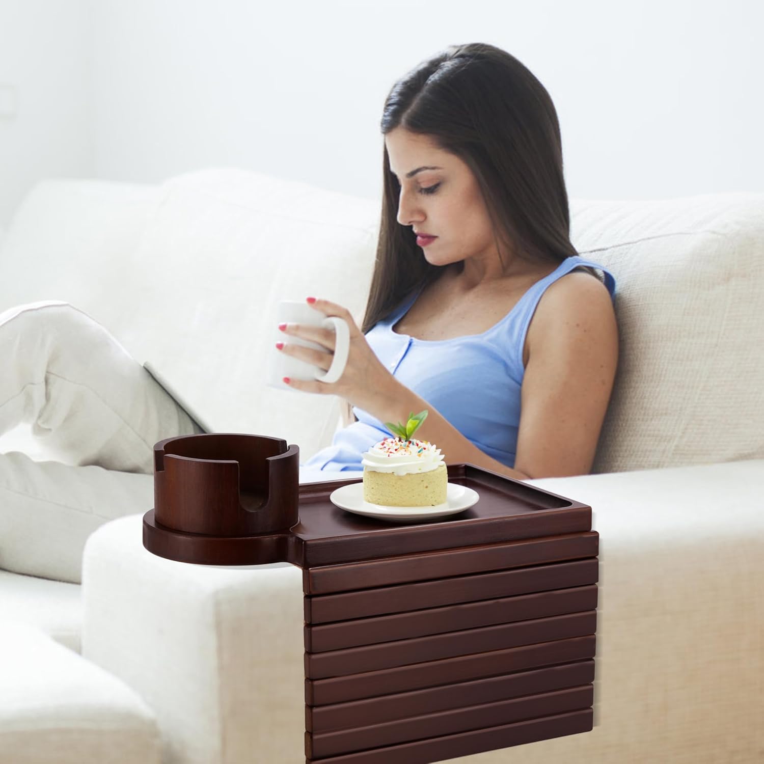 Couch Cup Holder Tray-2 Set, 3 in 1 Large Couch Arm Table,Bamboo Sofa Clip on Tray Table with 360° Ratated Phone Holder for Couch,Black + Walnut